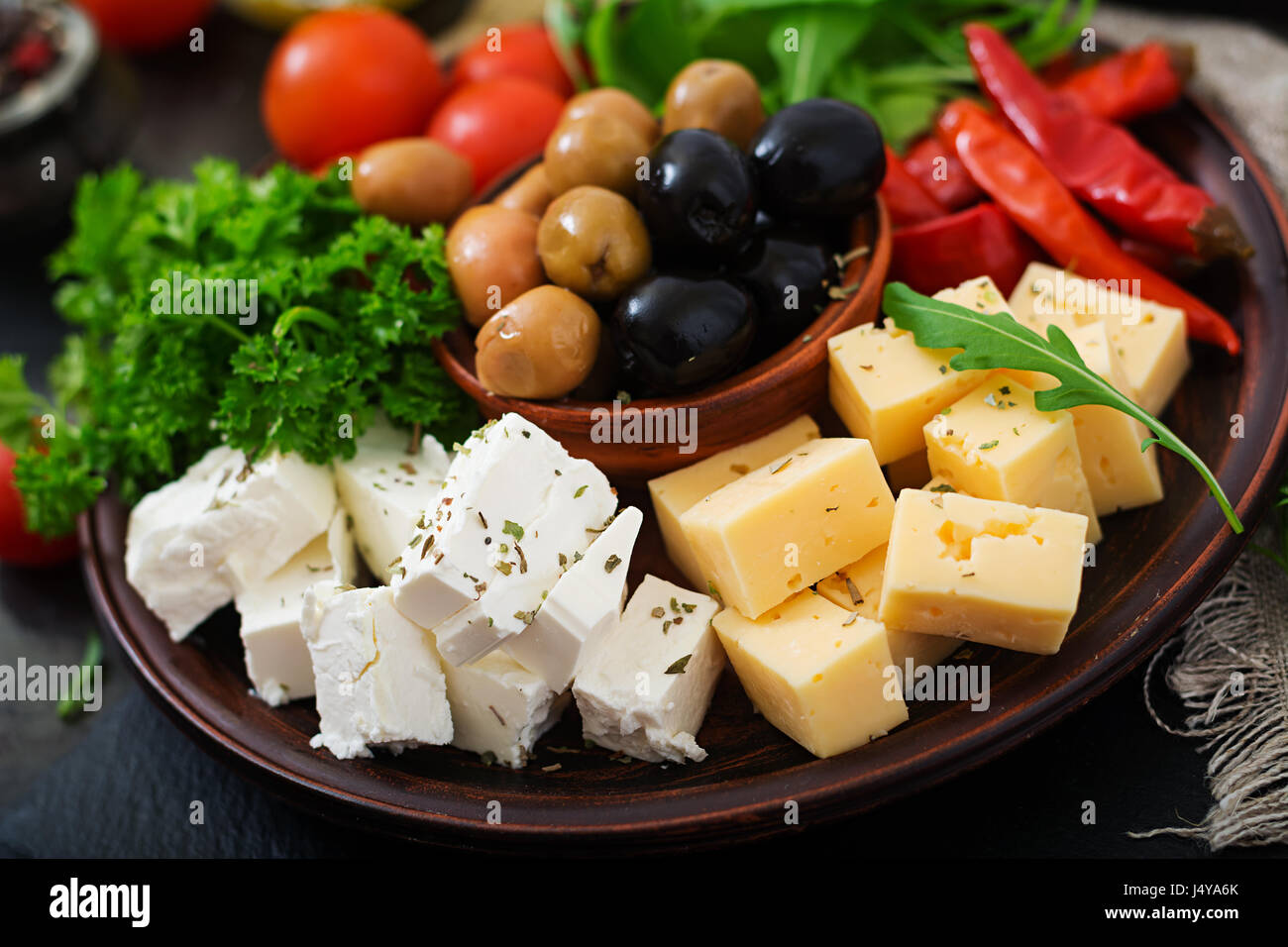 Diner platter olives, cheese and vegetables Stock Photo Alamy