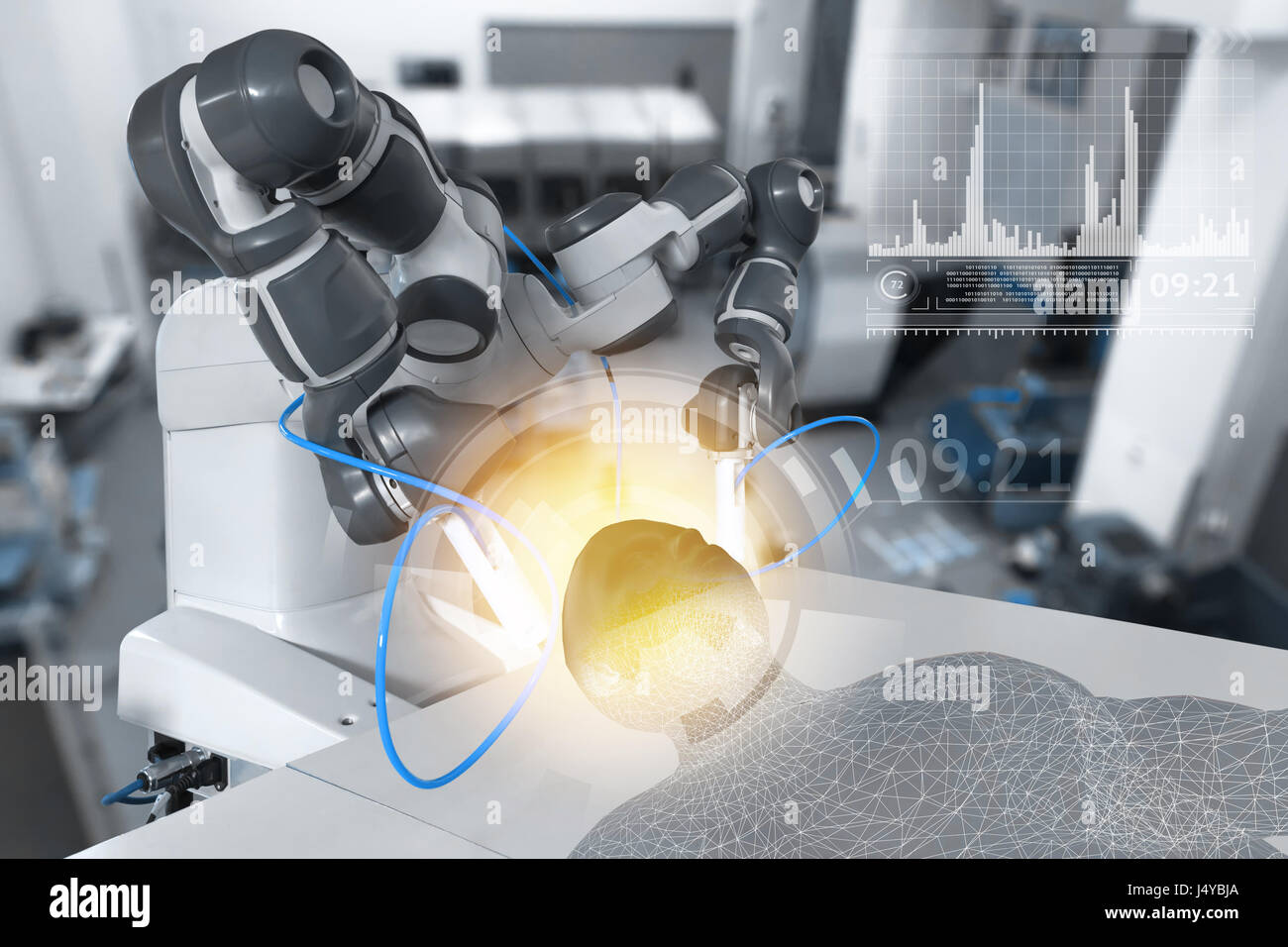 Industry 4.0 , industrial internet of things concept. Heavy automate wireless Robot arm build robot human and graphic in hitech future smart factory b Stock Photo