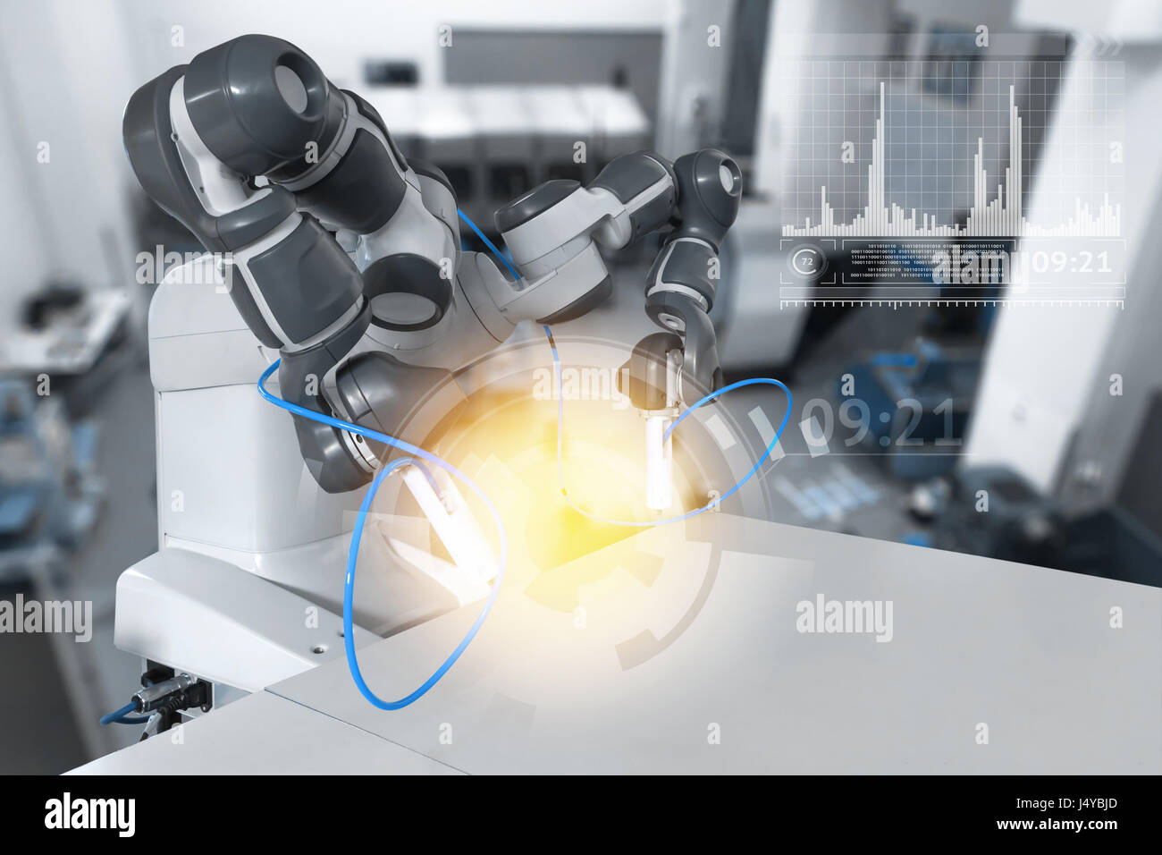 Industry 4.0 , industrial internet of things concept. Heavy automate wireless Robot arm and graphic in blur hitech future smart factory technology bac Stock Photo