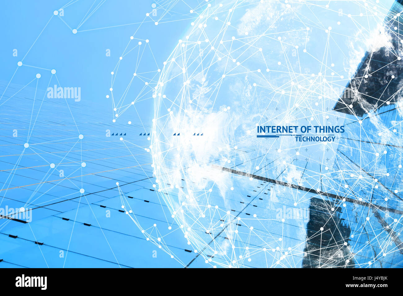 Internet of things , iot , smart home ,smart city and network connect concept. Distributed ledger technology connect wireframe and cloud globe furnish Stock Photo
