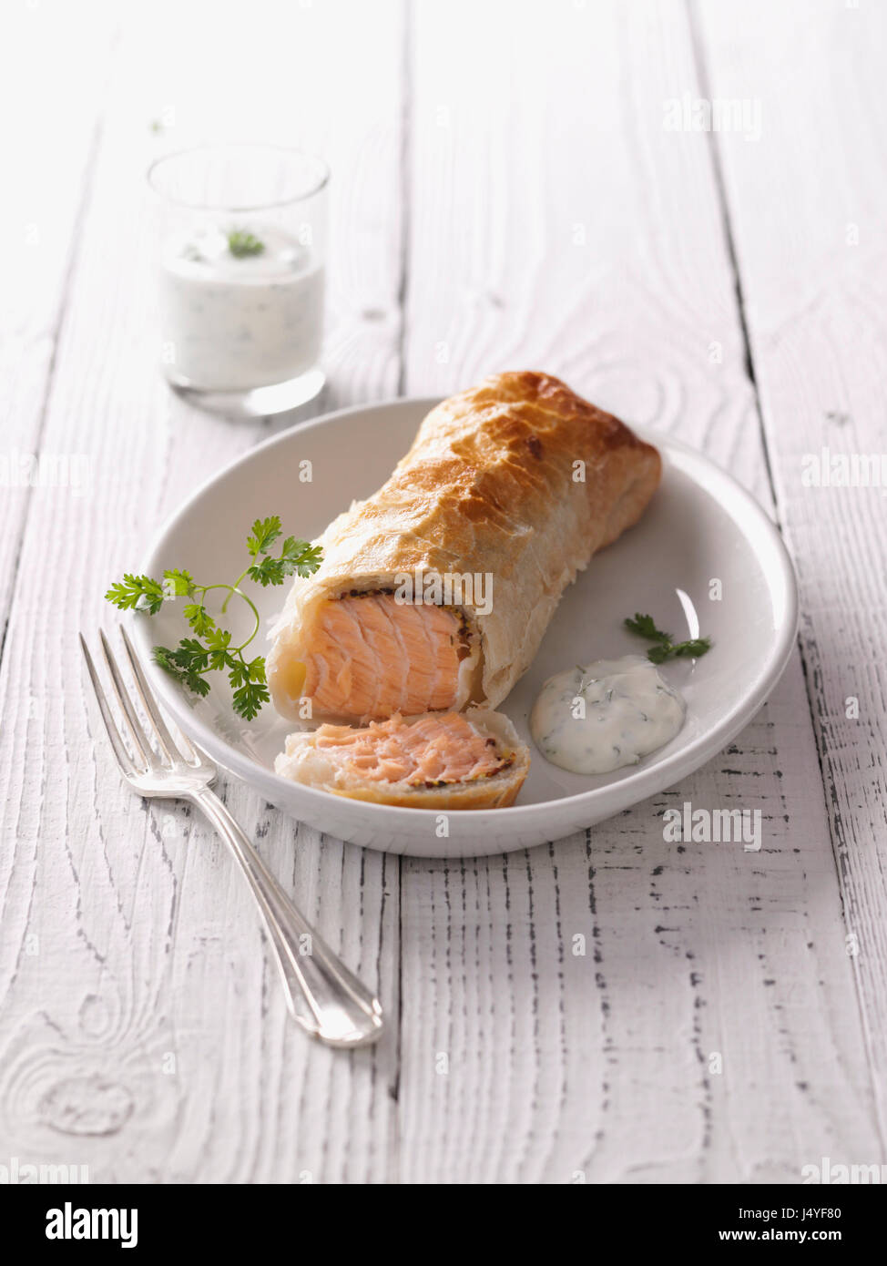 Salmon in puff pastry crust Stock Photo