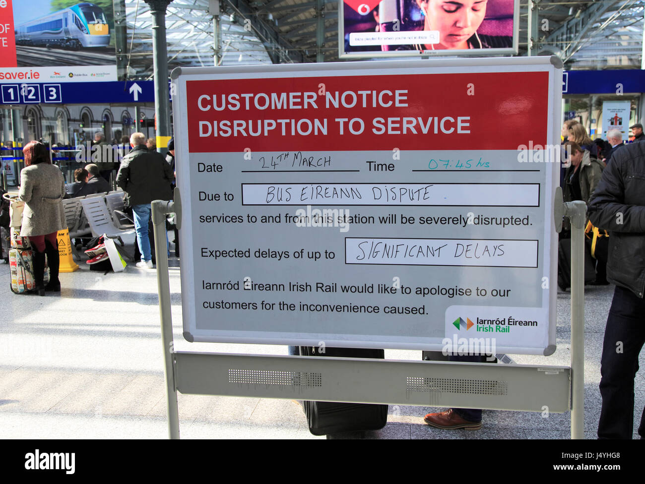 Bus Eireann industrial dispute travel disruption notice at Heuston railway station building, Dublin, Ireland, Stock Photo