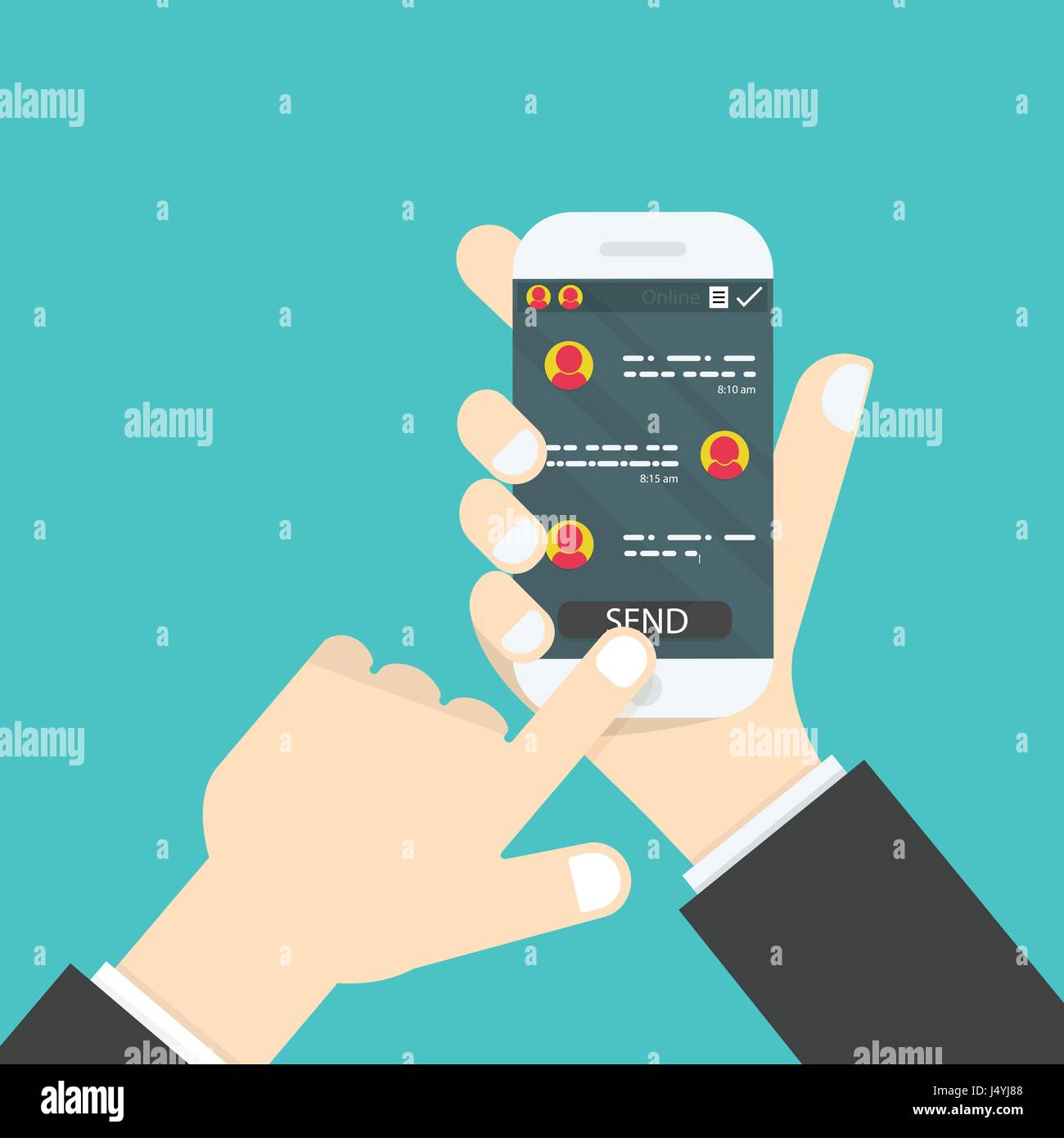 Hand holding mobile phone.Social network concept.Messenger window.Chating,line and messaging concept.Vector illustration. Stock Vector