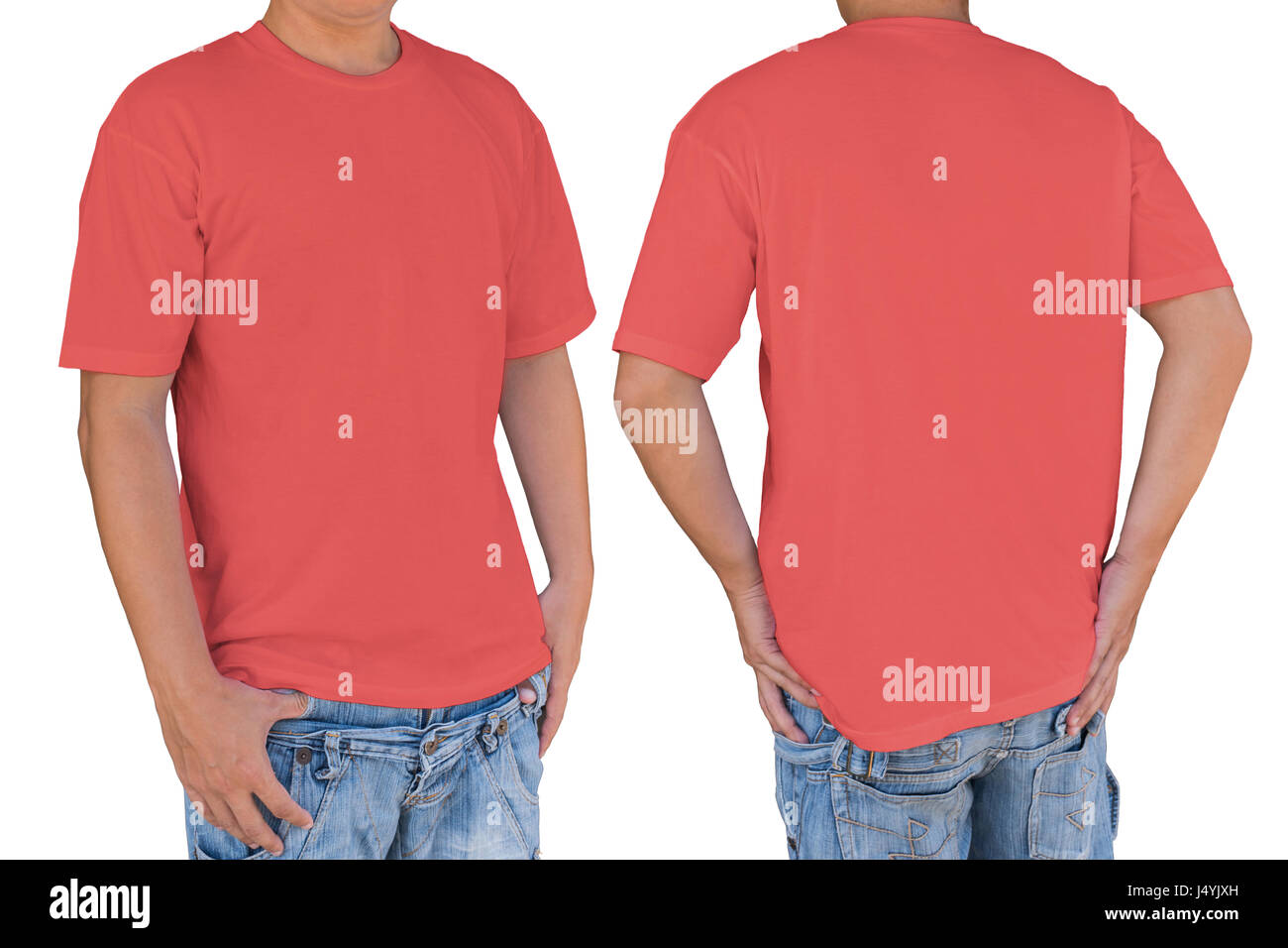 Man wearing blank soft red t-shirt with clipping path, front and back view. Template for insert logo, pattern, or artwork. Stock Photo