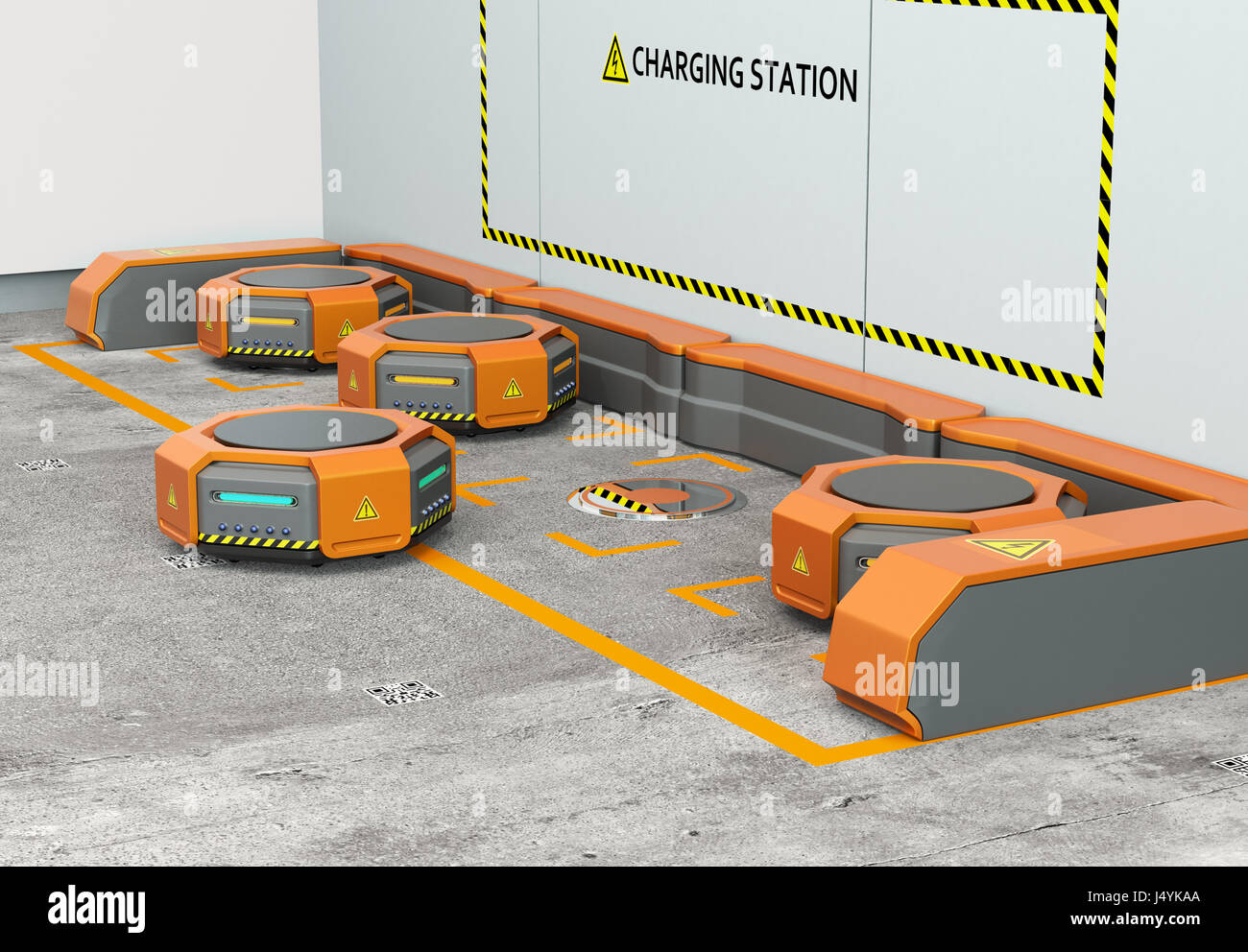 Warehouse robots charging at charging station. Advanced warehouse robotics technology concept. 3D rendering image. Stock Photo