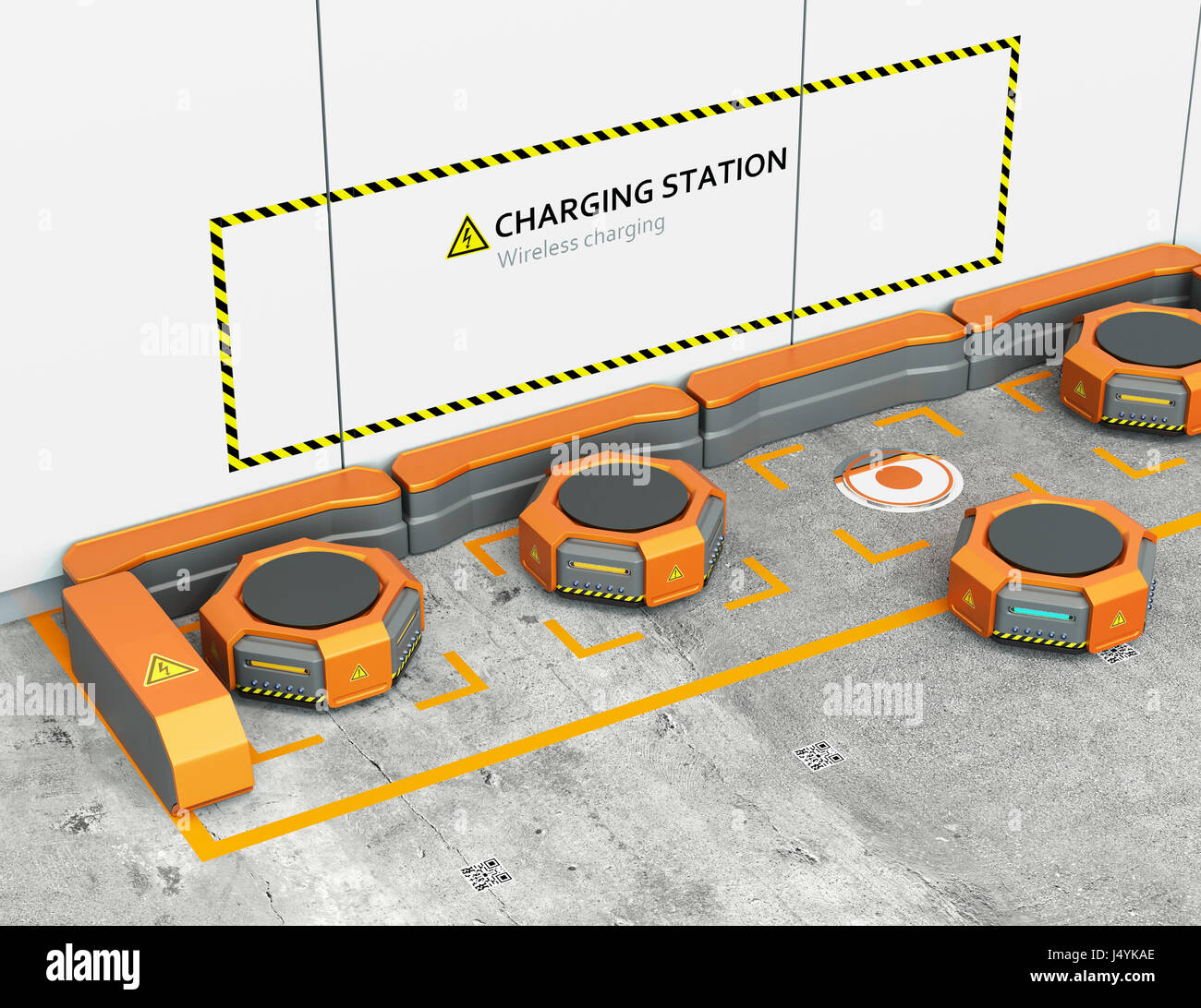 Warehouse robots charging at charging station. Advanced warehouse robotics technology concept. 3D rendering image. Stock Photo
