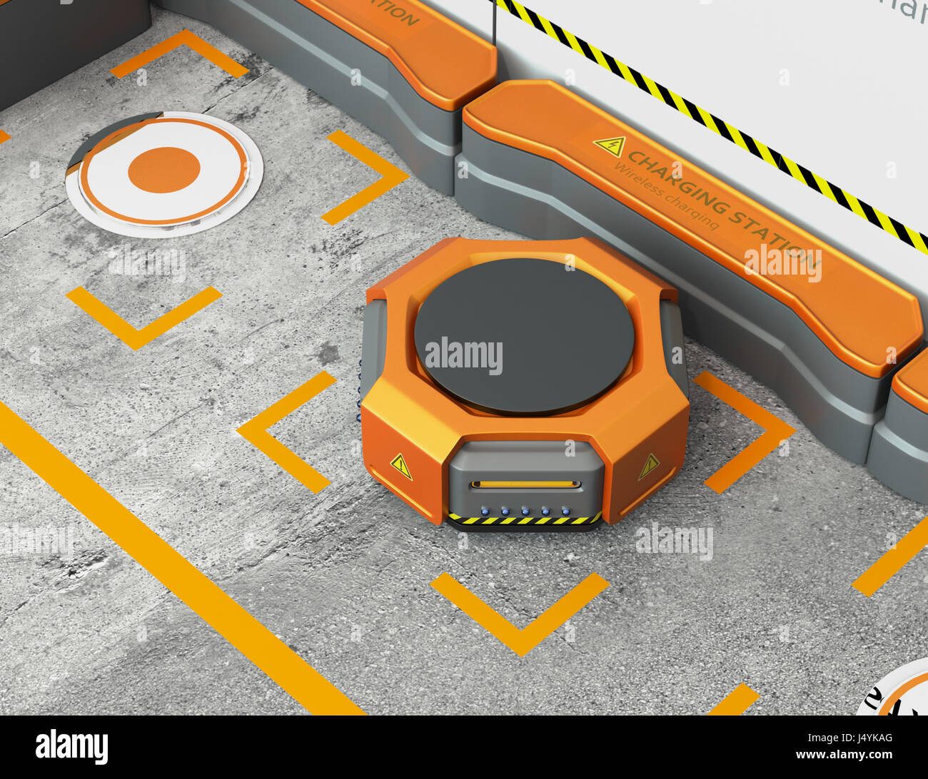 Warehouse robot charging at charging station. Advanced warehouse robotics technology concept. 3D rendering image. Stock Photo