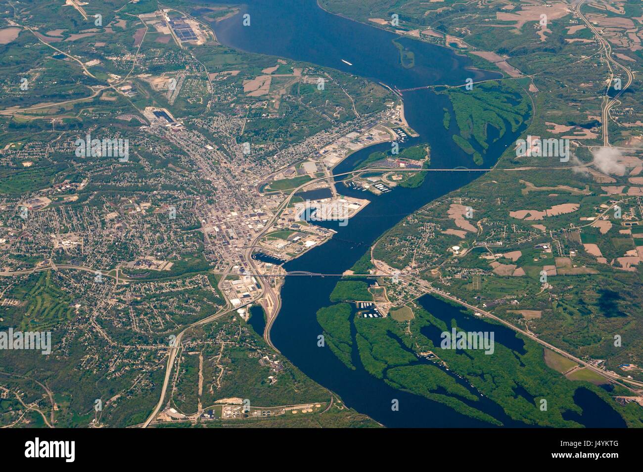 Urban sprawl surrounding Dubuque, Iowa with the Mississippi River