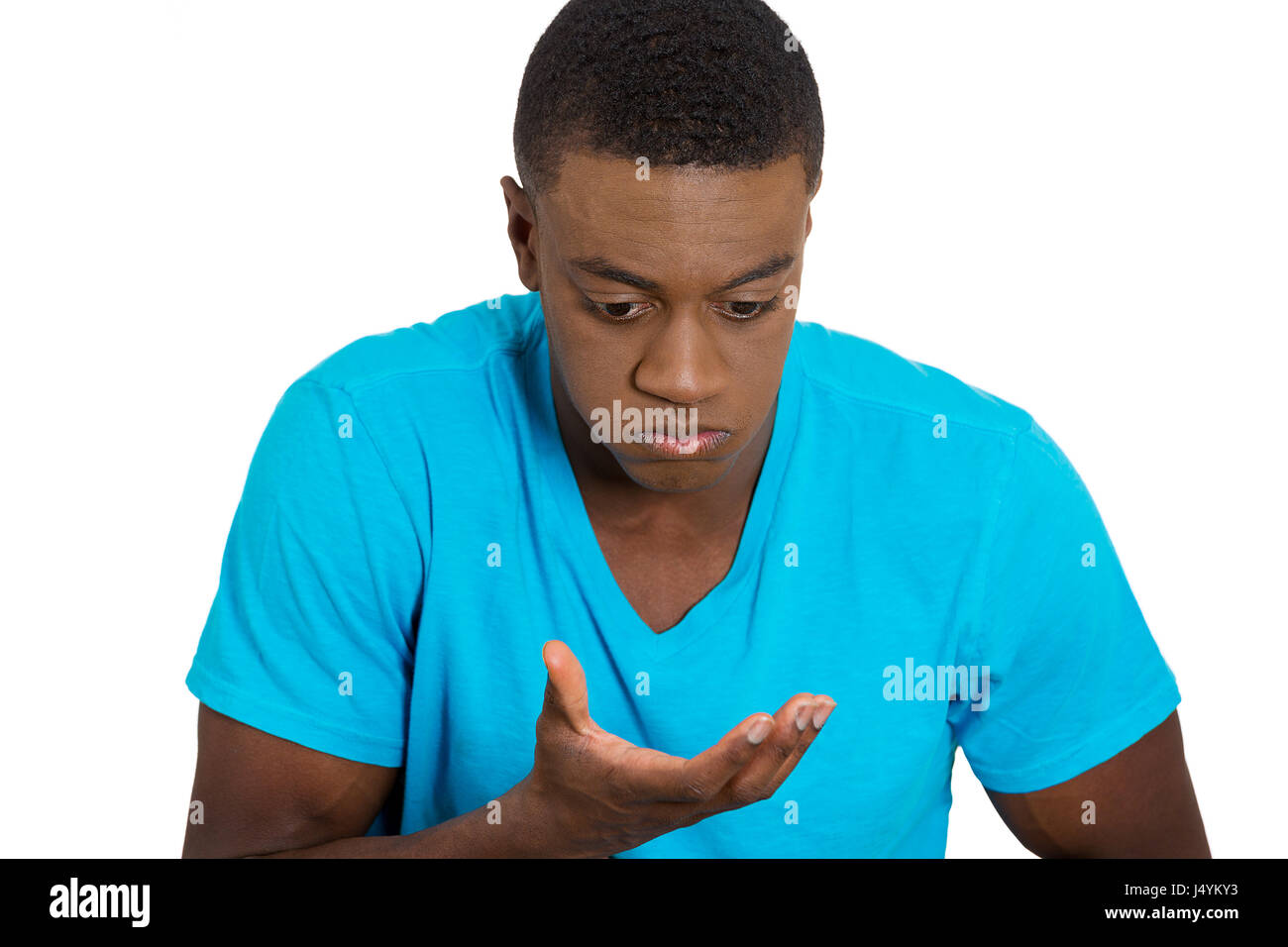 Closeup portrait, young unhappy, annoyed, sick man about to chuck, throw up, retch, hurl isolated white background. Negative human emotions, feelings, Stock Photo