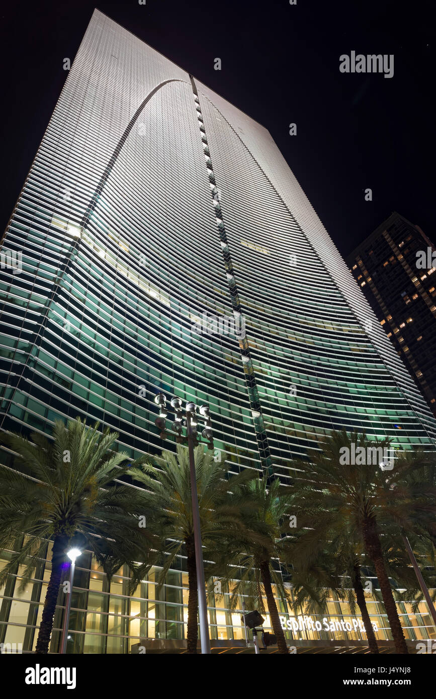 A night shot of Brickell Arch in Miami, an office skyscraper with 36 floors and a heigt of 168m. One nickname of this building is The Gateway to Latin America Stock Photo