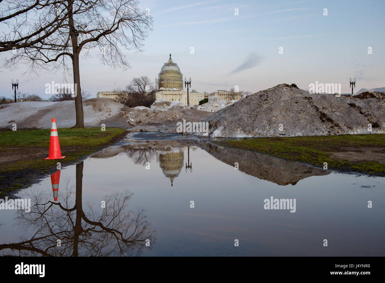 Wide View of the U.S. Capitol with Melting Snow Piles, Washington, DC Stock Photo
