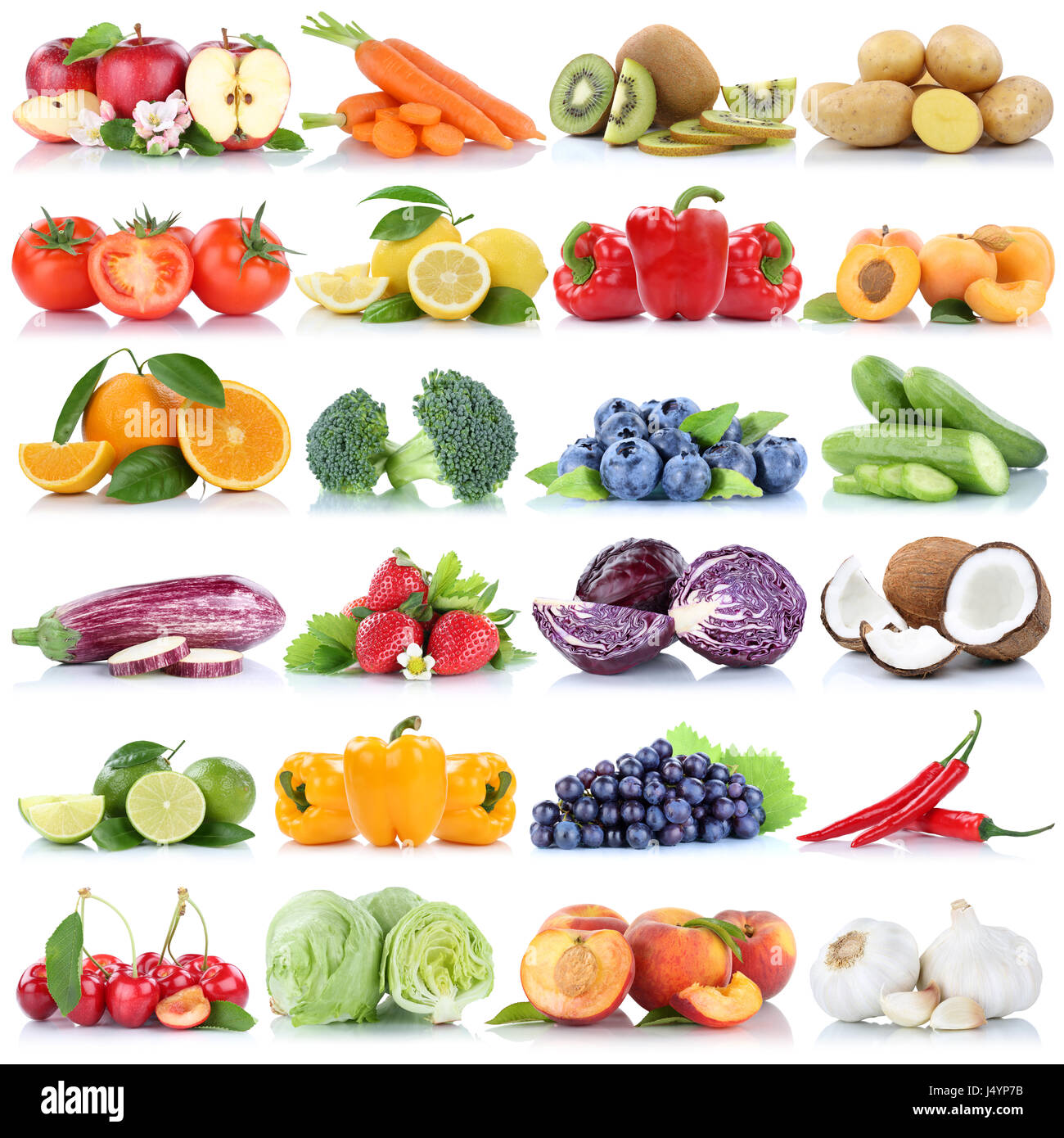 Fruits and vegetables collection isolated orange apple grapes cucumber