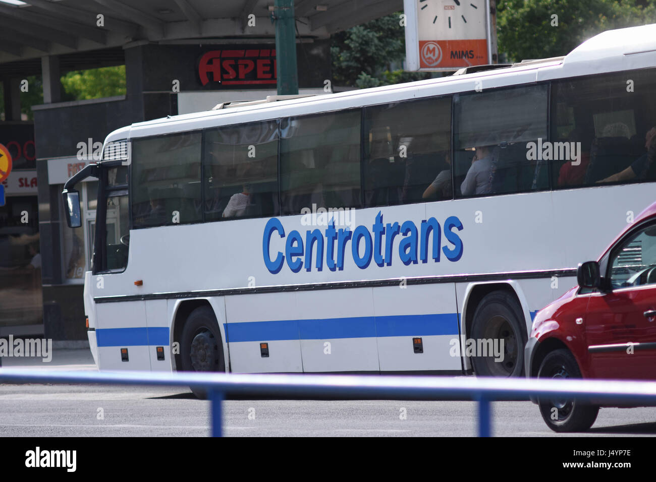 City bus liner waiting at the side bus stop Stock Photo