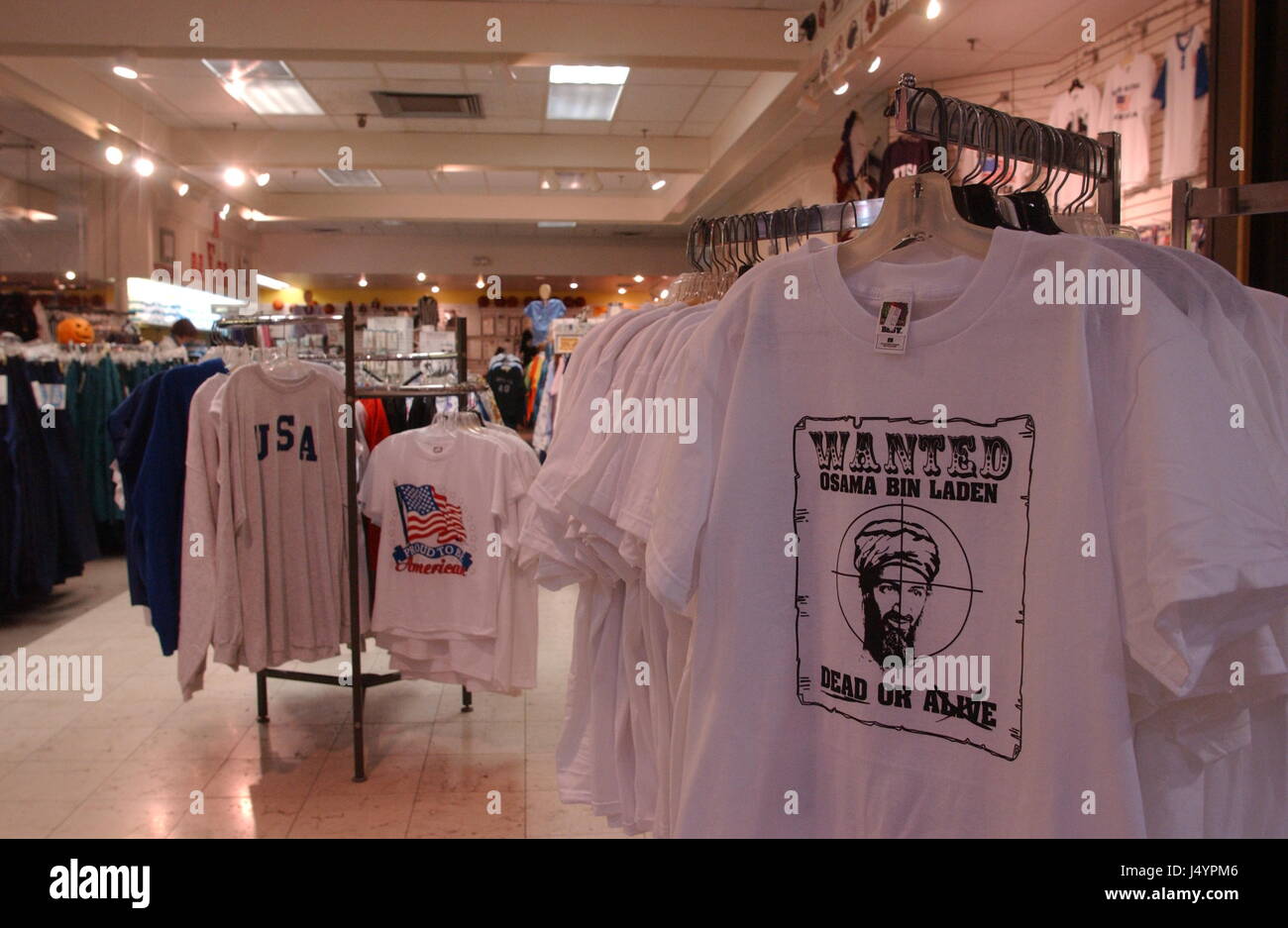 Osama Bin Laden target shirts, and other merchandise to commemorate the  9-11 terrorist attack on the United States leading to the war on terror,  for sale in a mall in Joplin, Missouri