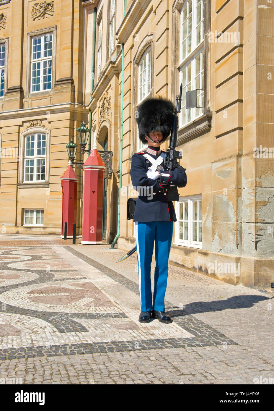 Royal Guard and sentry box at the Royal Palace of Amalienborg, Copenhagen,Denmark Stock Photo