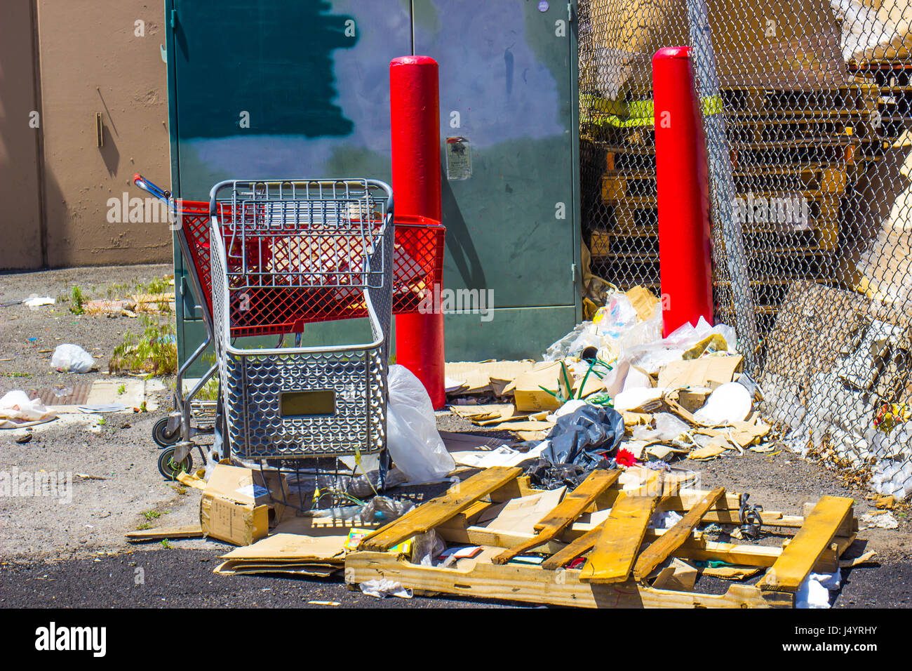 Shopping Carts Amidst Trash In Back Of Building Stock Photo Alamy