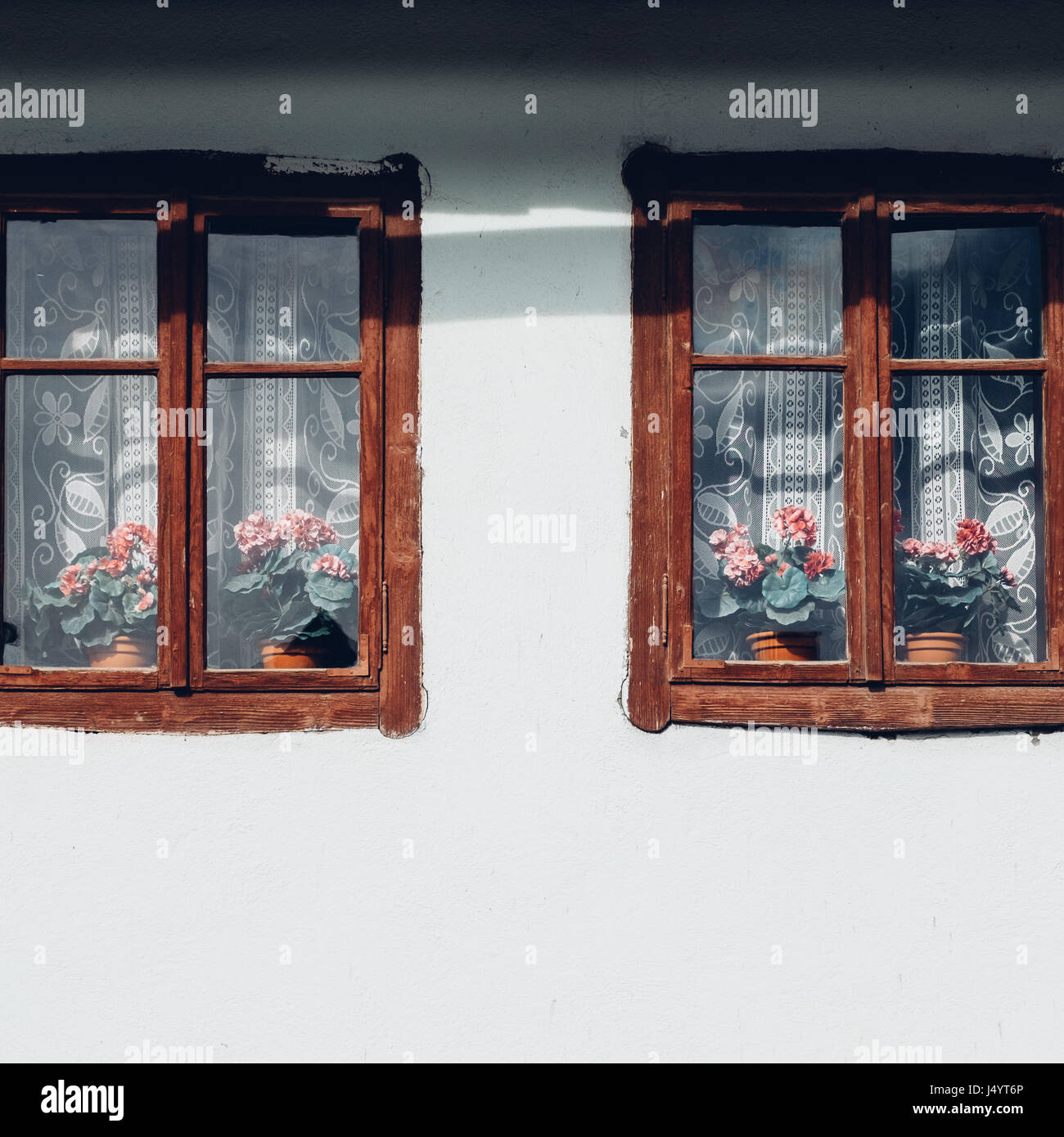 Vintage traditional windows decorated with Geranium flowers Stock Photo ...