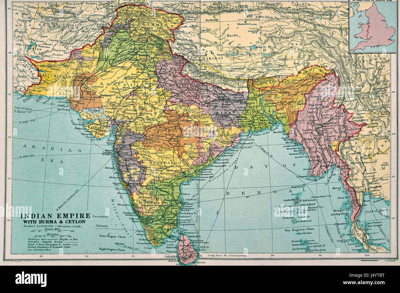 Indian Empire map with Burma and Ceylon and India Stock Photo