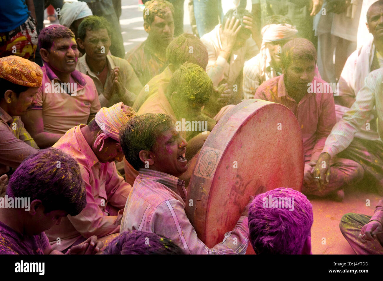 Devotee celebrating lathmar festival, mathura, uttar pradesh, india, asia Stock Photo