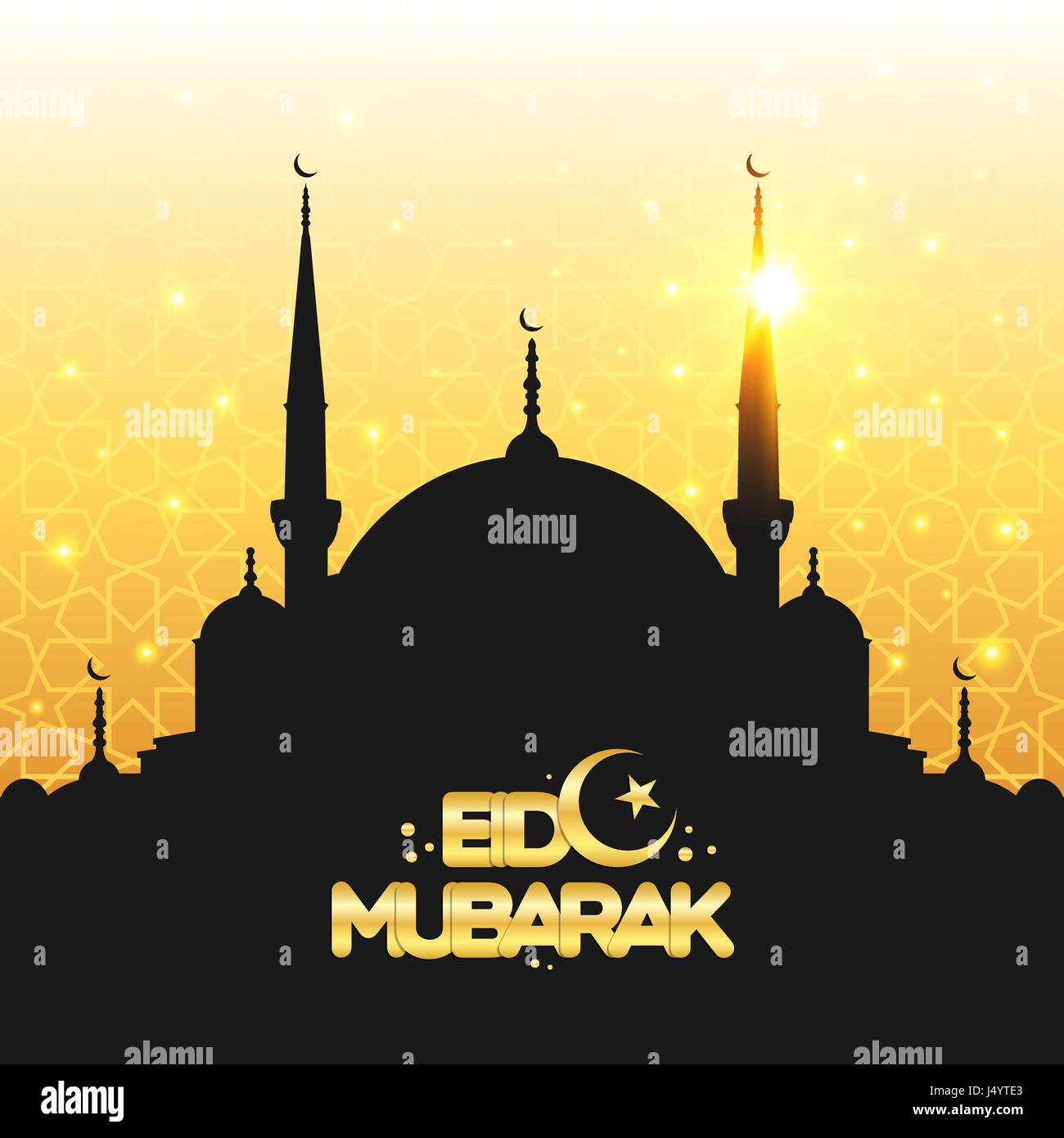 Vector Illustration of golden Eid Mubarak poster, banner or greeting card design. Mosque silhouette over geometric islamic wallpaper pattern Stock Vector