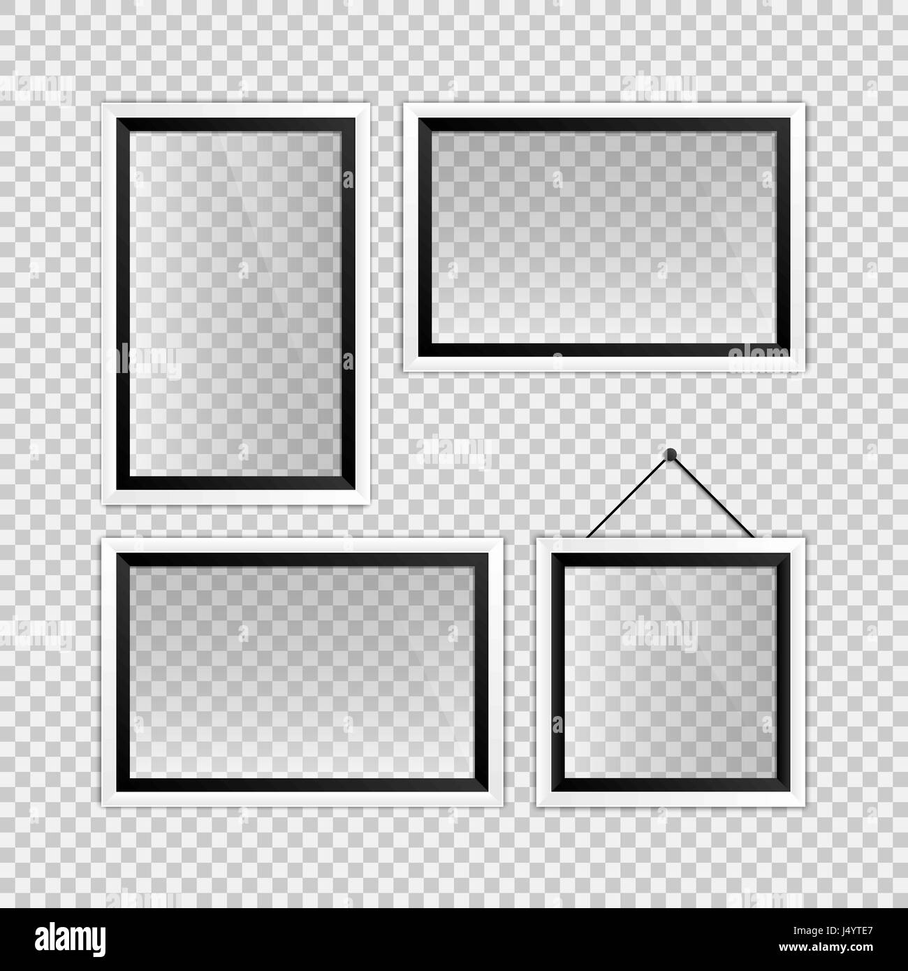 Vector illustration of realistic black and white empty photo frames template over transparent background for your design Stock Vector