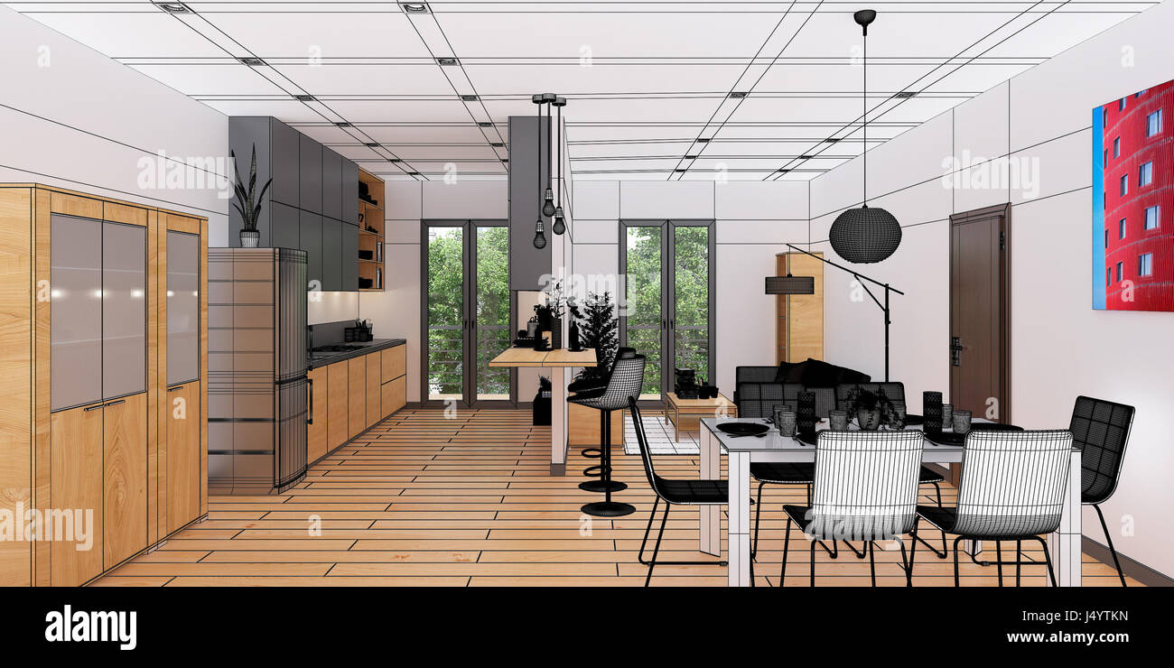 3D Interior rendering of an open space Apartment Stock Photo - Alamy