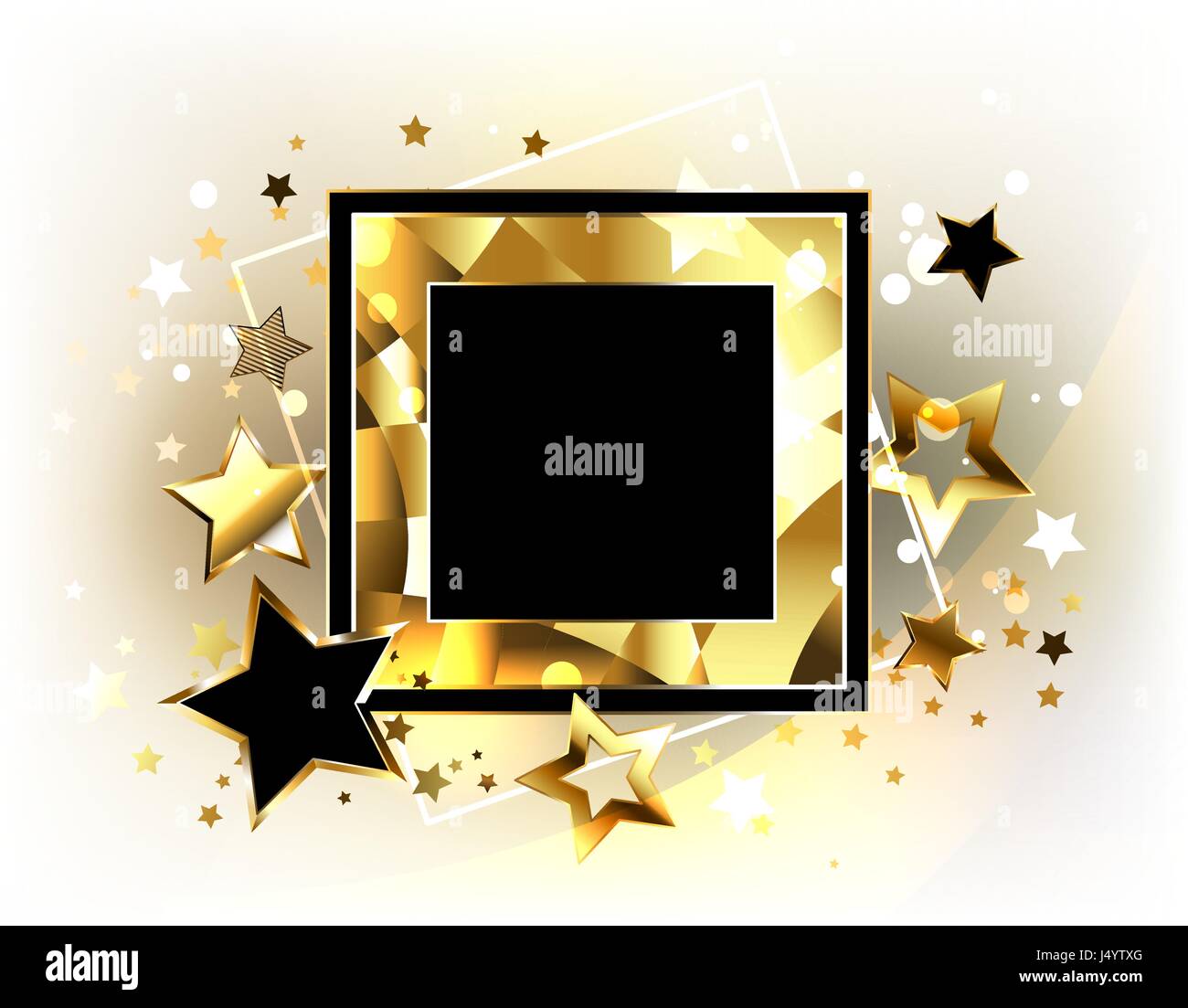 Square black banner with a gold polygonal frame, decorated with flying, gold and black stars on a light background. Design with gold stars. Stock Vector
