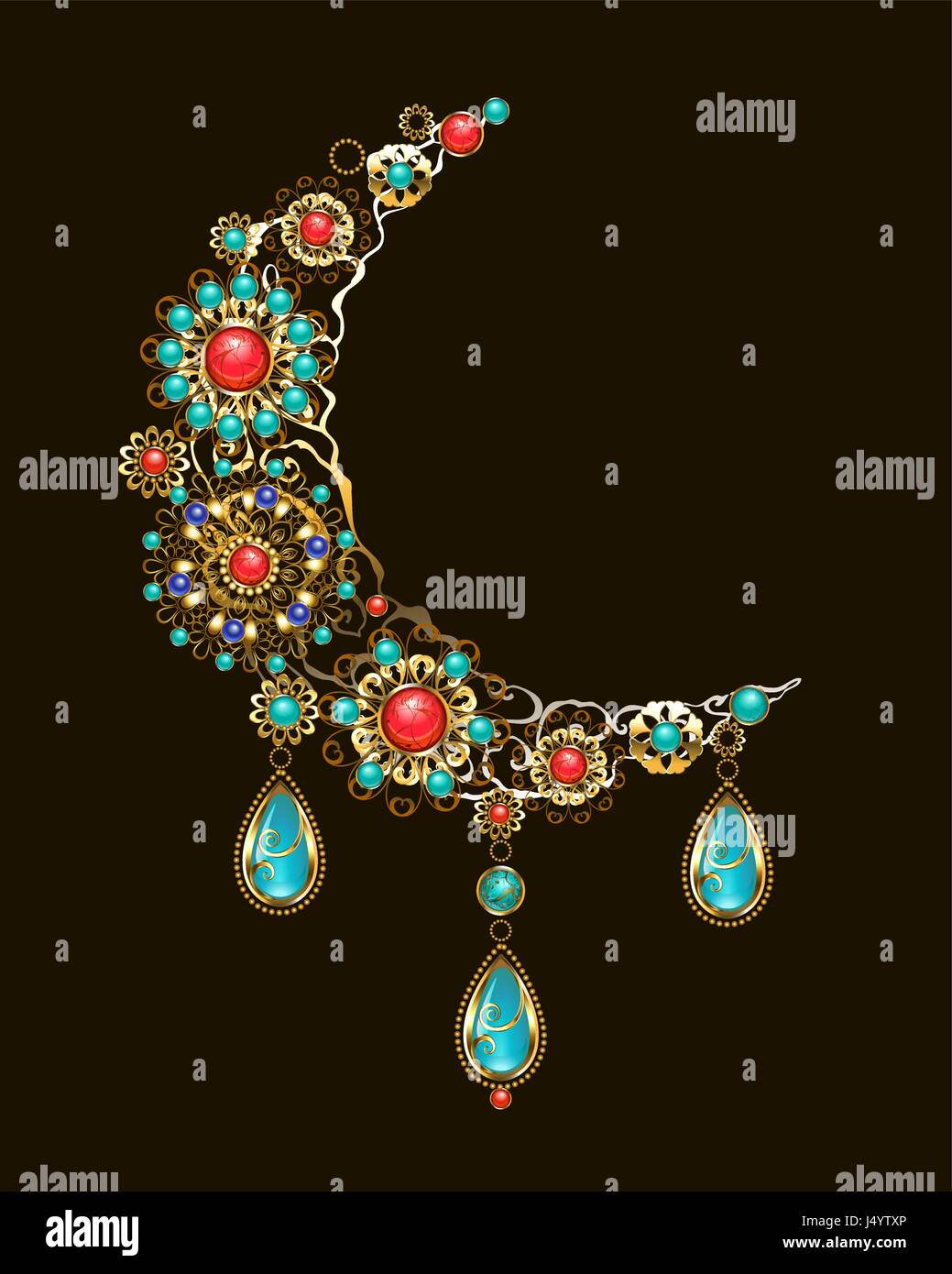 crescent moon decorated with jewelry, gold and bronze ornaments in ethnic style, with turquoise and jasper. Jewelery in boho style. Stock Vector