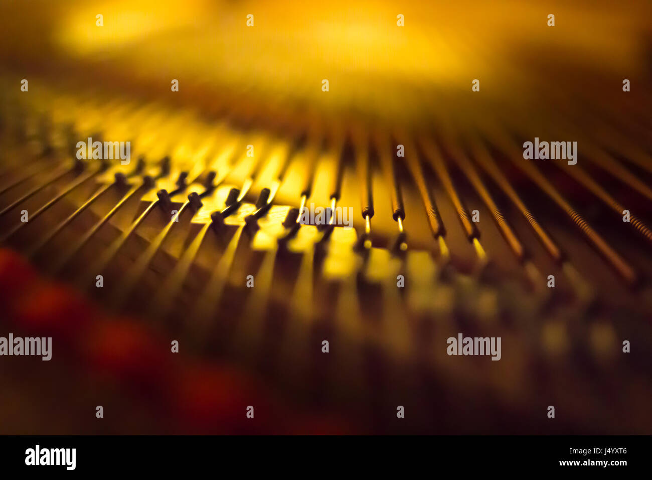 Grand piano bridge pins and strings blurred background. Stock Photo