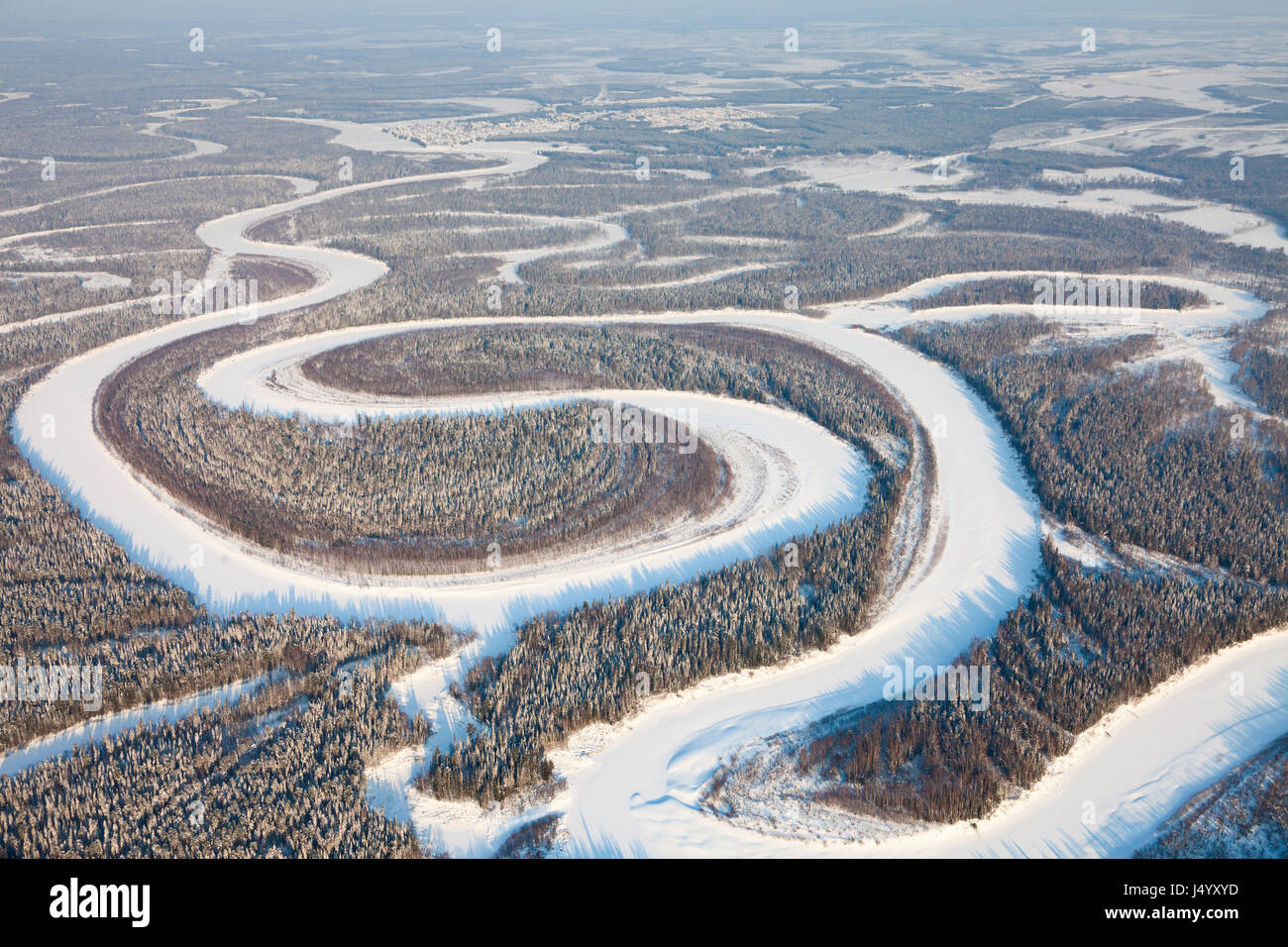 Bird eye view onto forest river in winter Stock Photo