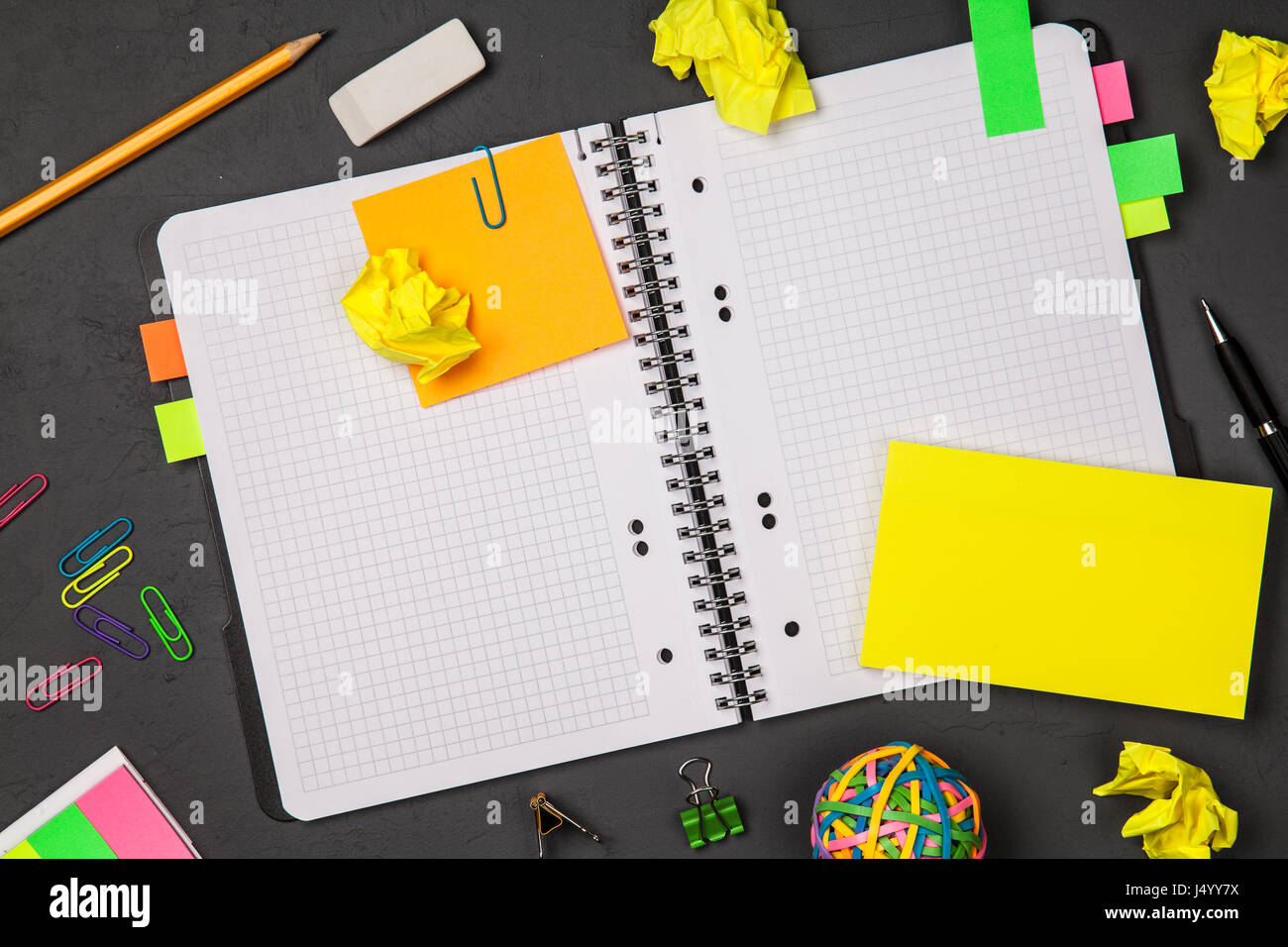 Open notepad with sticky notes mockup Stock Photo - Alamy