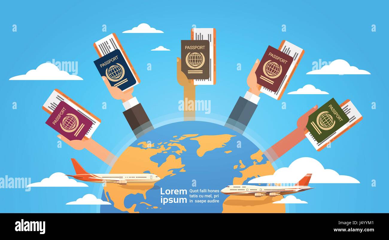Hands Group Holding Passport Ticket Boarding Pass Travel Document Over ...