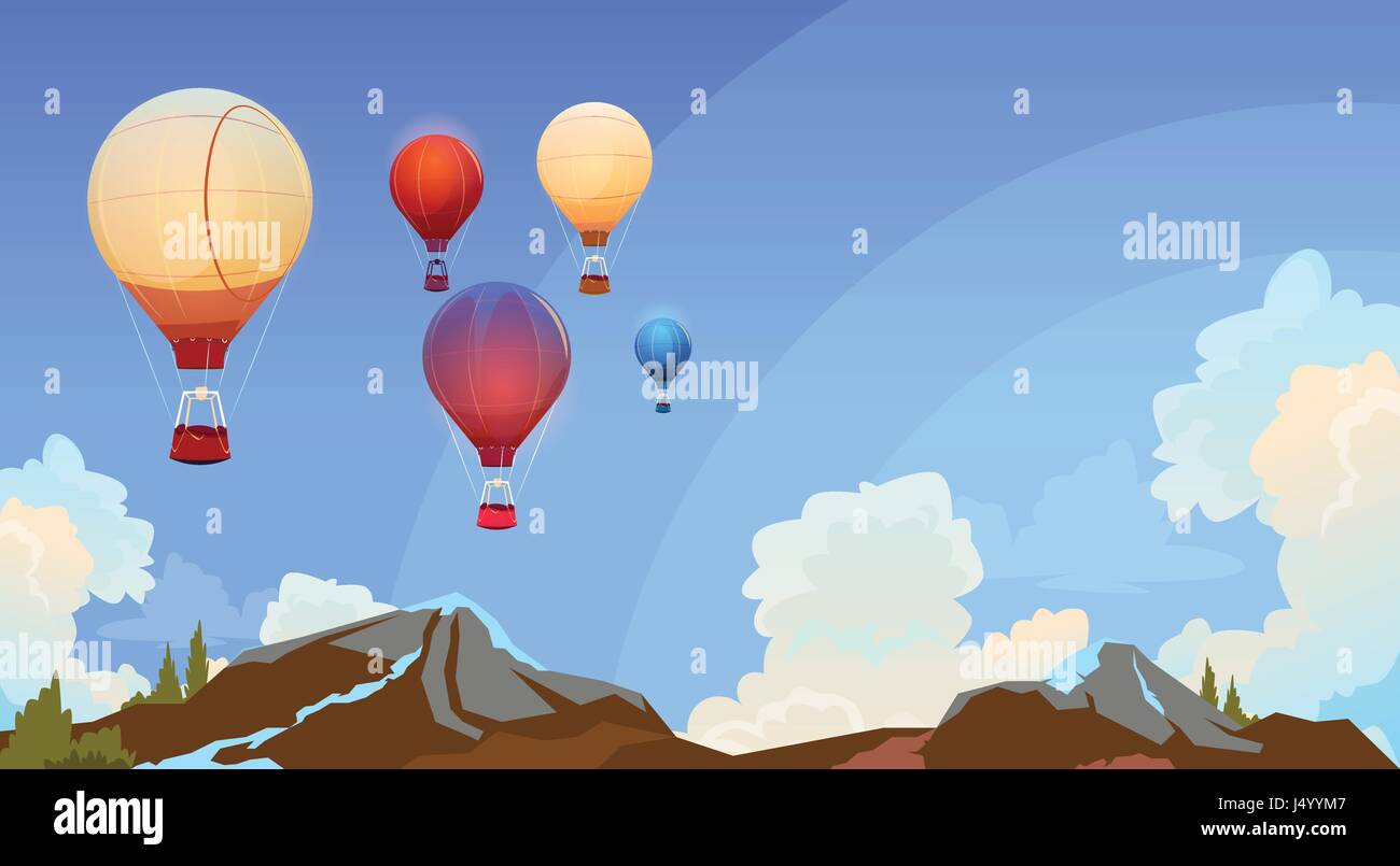 Colorful Air Balloons Flying In Sky Over Summer Landscape Flat Stock ...