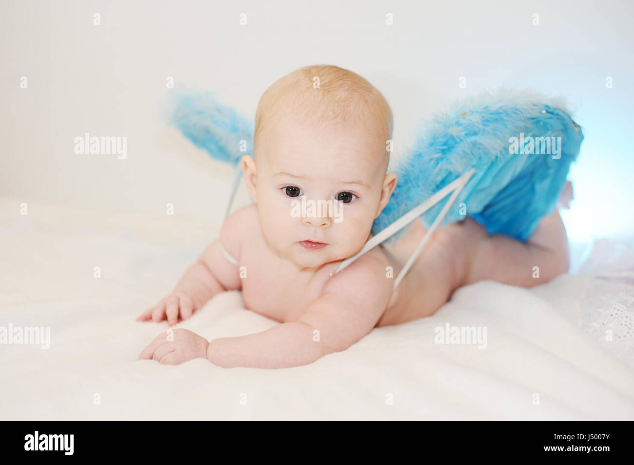 baby boy with blue wings on a white background. baby in the form Stock
