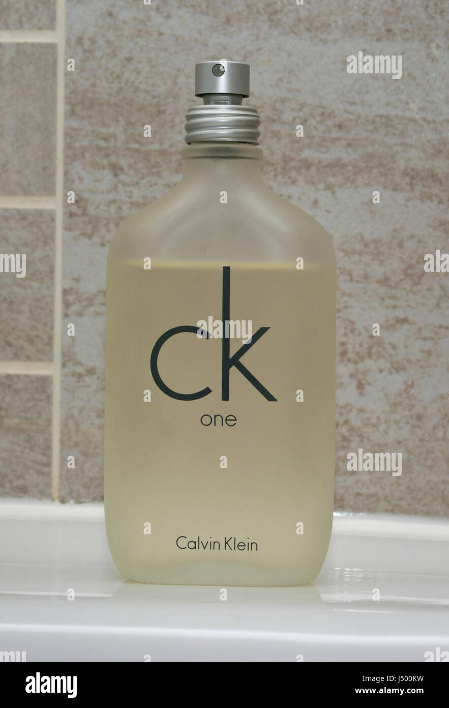 Glass Bottle Spray Of Calvin Klein Products CK1 Aftershave Mens Toiletries Stock Photo