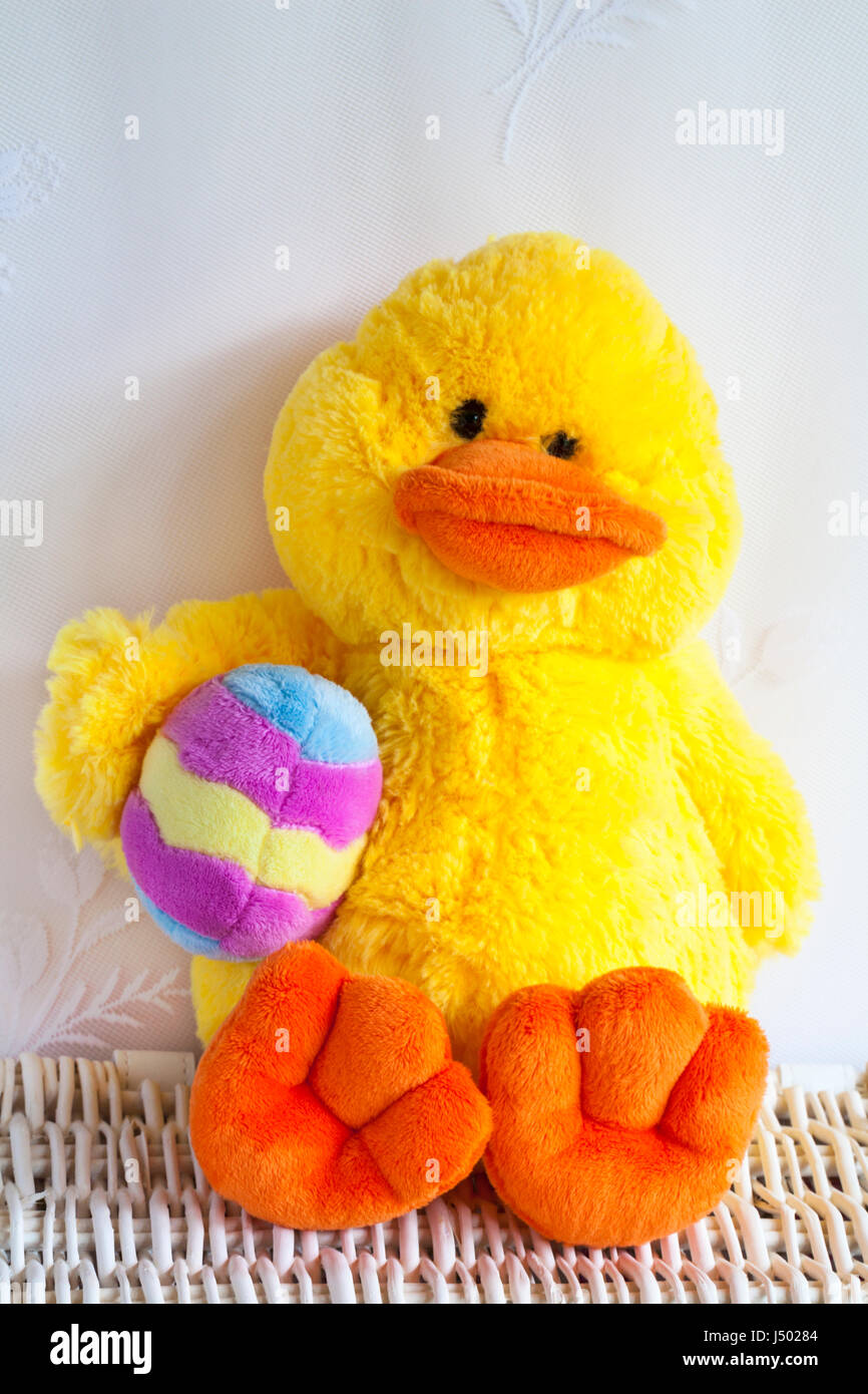 Fluffy yellow Easter chick holding 