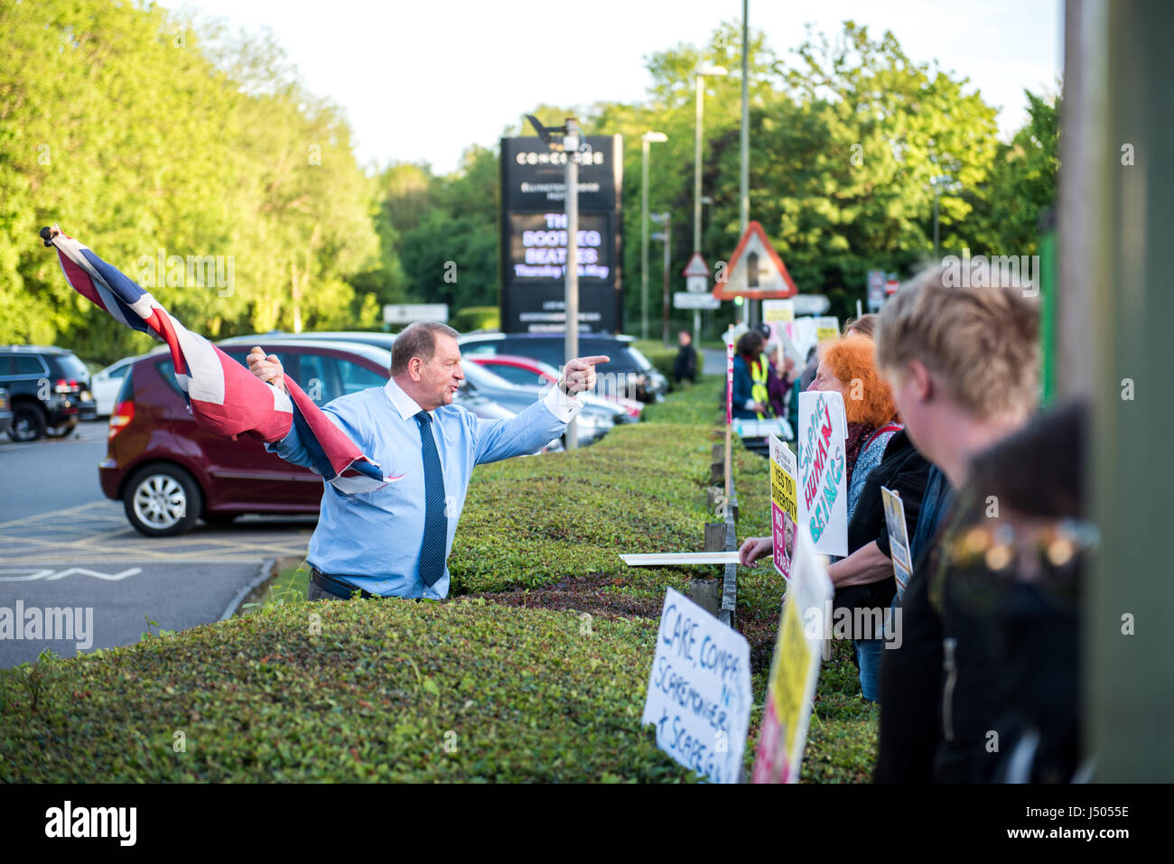 The Concorde Club, Eastleigh, Hampshire, United Kingdom. 14th May, 2017. Southampton Stand Up to Racism activists and supporters protest at the Concorde Club where UK politician and former UKIP leader, Nigel Farage holds an evening questions and answers event about his life. Credit: Will Bailey/Alamy Live News Stock Photo