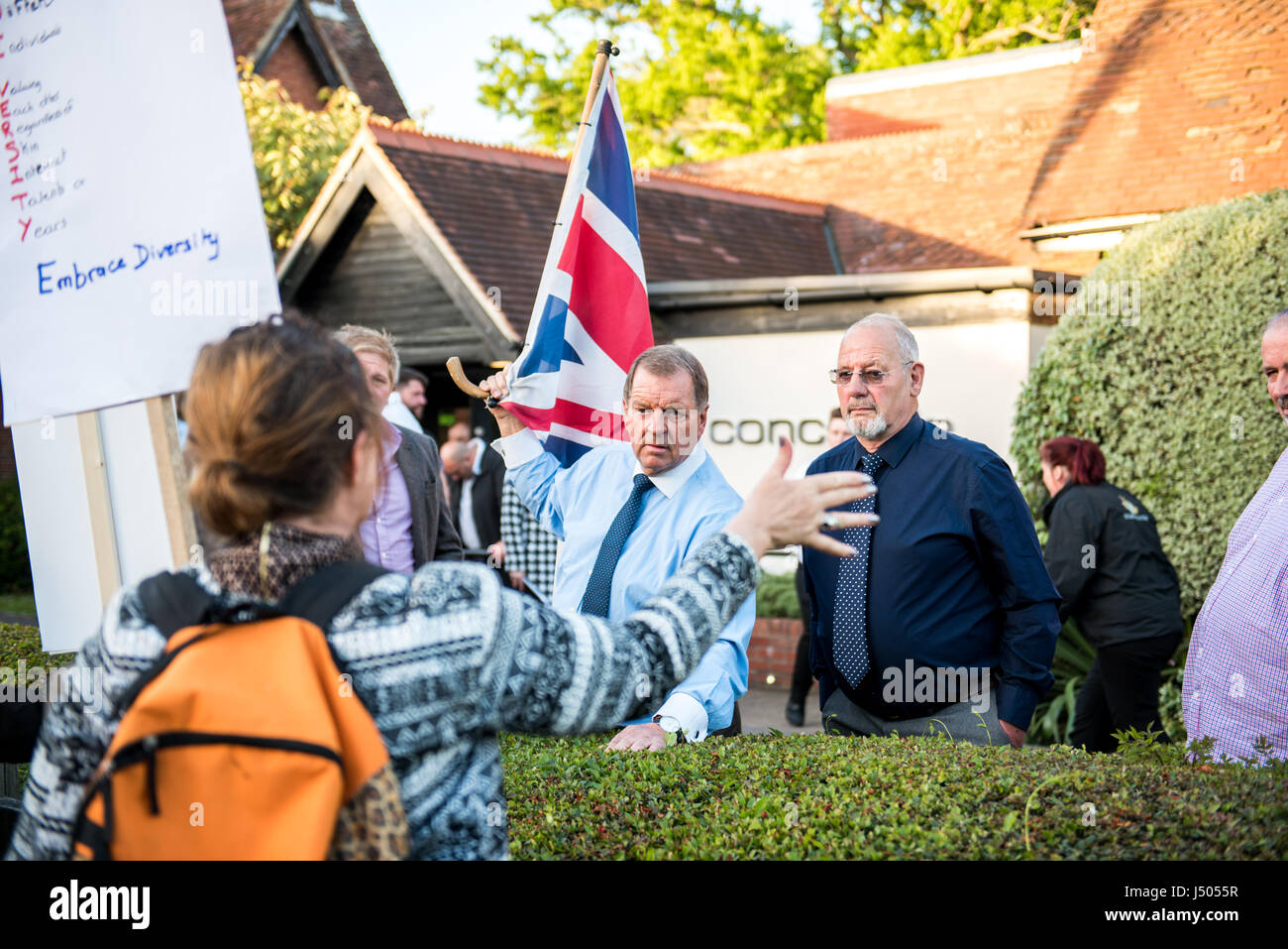 The Concorde Club, Eastleigh, Hampshire, United Kingdom. 14th May, 2017. Southampton Stand Up to Racism activists and supporters protest at the Concorde Club where UK politician and former UKIP leader, Nigel Farage holds an evening questions and answers event about his life. Credit: Will Bailey/Alamy Live News Stock Photo