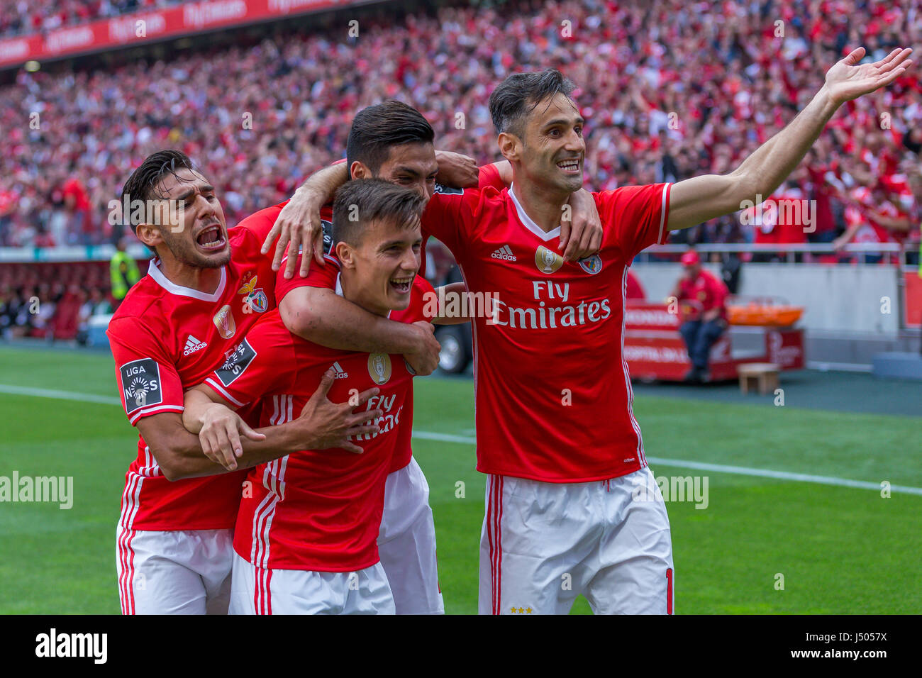 Lisbon, Portugal. 13th May, 2017. May 13, 2017. Lisbon, Portugal. Benfica's forward from Argentina Franco Cervi (22) celebrating after scoring a goal with Benfica's forward from Mexico Raul Jimenez (9), Benfica's forward from Brazil Jonas (10) and Benfica's forward from Argentina Toto Salvio (18) during the game SL Benfica v Vitoria SC Credit: Alexandre de Sousa/Alamy Live News Stock Photo