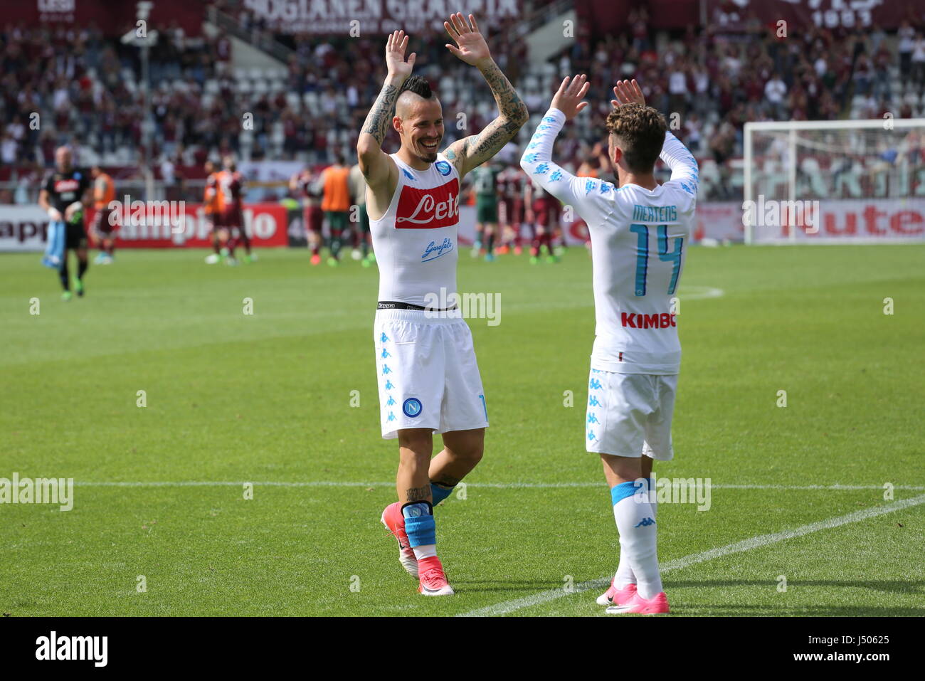 Marek Hamsik (SSC Napoli) and Dires Mertens (SSC Napoli) after the Serie A football match between Torino FC and SSC Napoli at Olympic stadium Grande Torino on may 14, 2017 in Turin, Italy. Final result: Torino vs Napoli 0-5 Stock Photo