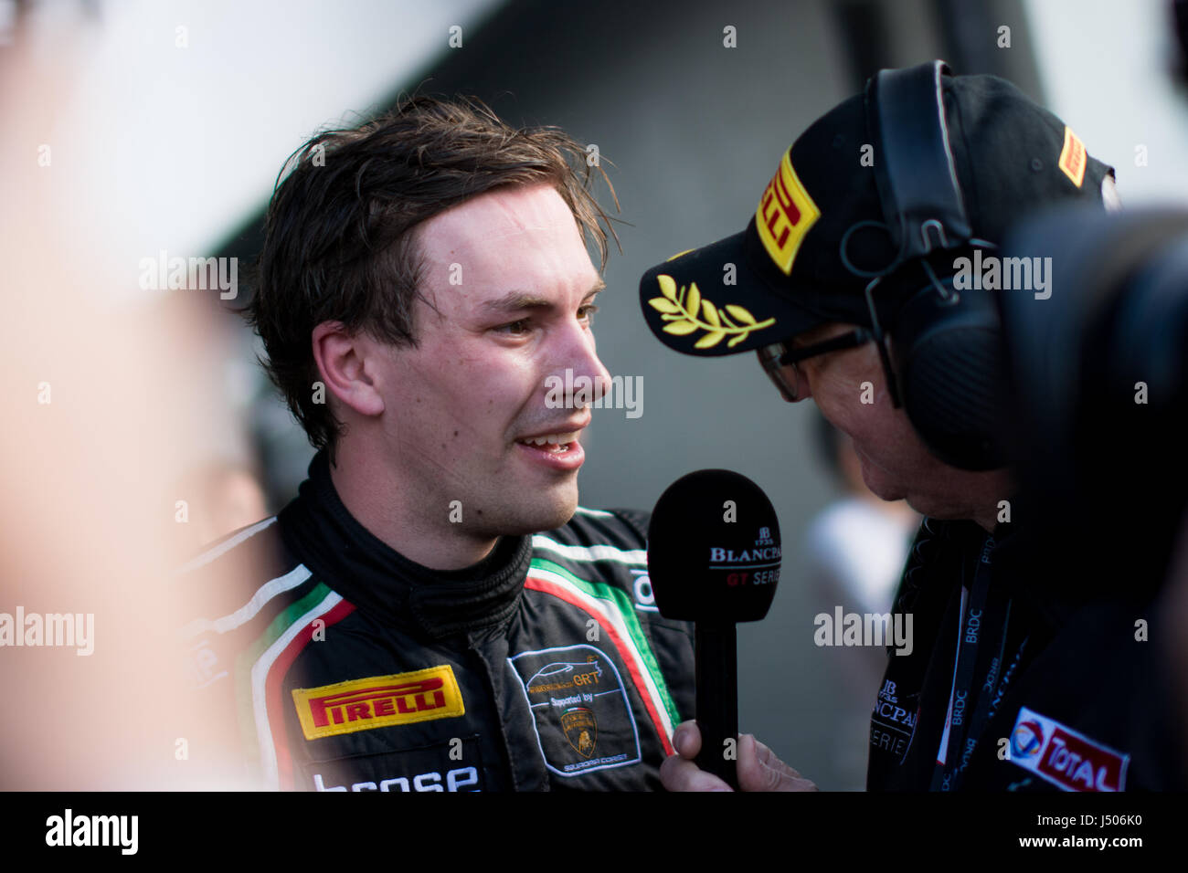 Towcester, Northamptonshire, UK. 14th May, 2017. Blancpain GT Series racing driver  Christian Engelhart and GRT Grasser Racing Team after winning the 3 Hours race of the Blancpain GT Series Endurance Cup at Silverstone Circuit (Photo by Gergo Toth / Alamy Live News) Stock Photo