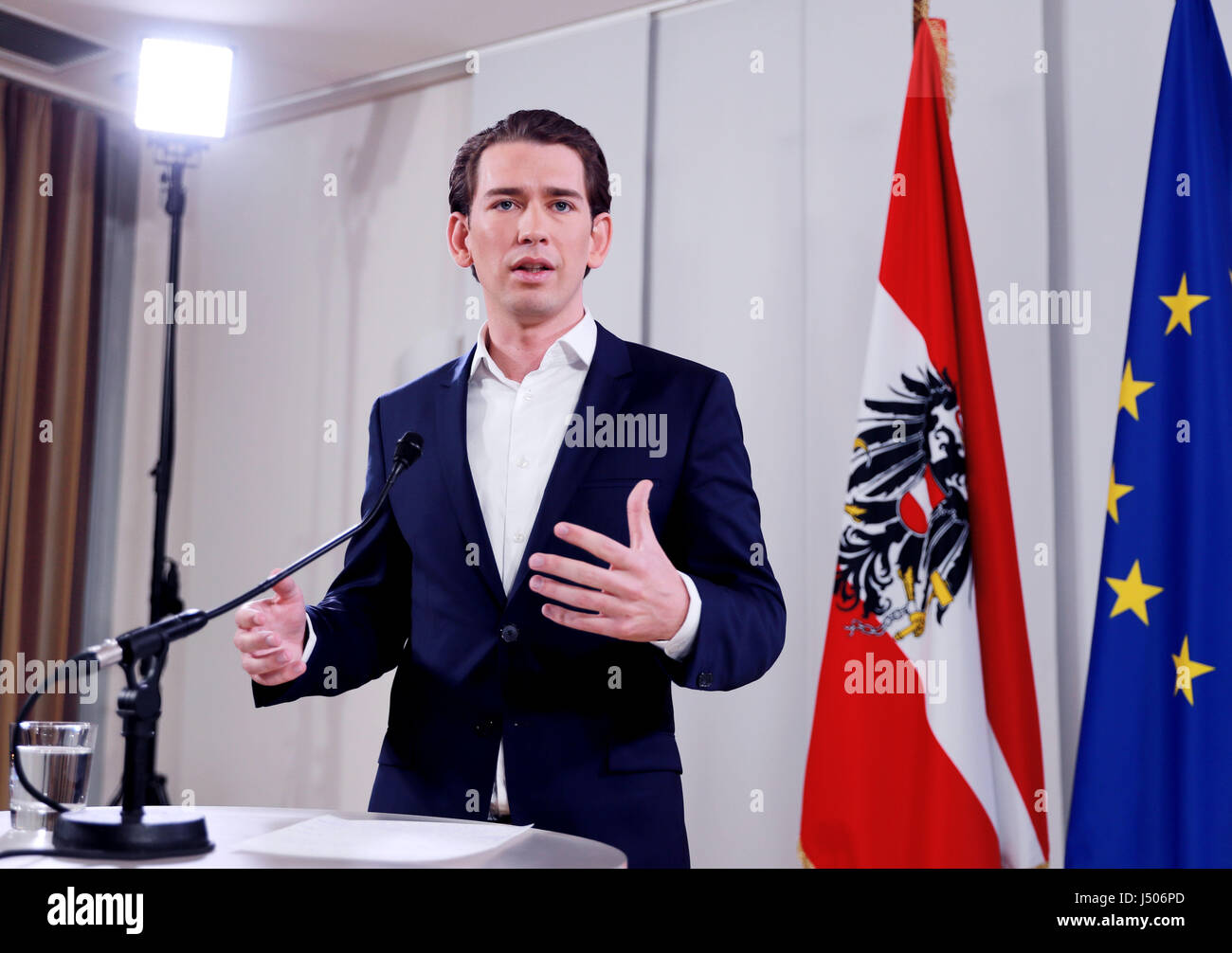 Vienna, Austria. 14th May, 2017. Austria's Foreign Minister Sebastian Kurz addresses a news conference after a meeting of Austrian people's party (OVP) in Vienna, capital of Austria, on May 14, 2017. Austria's Foreign Minister Sebastian Kurz was elected on Sunday as the chief of Austrian people's party (OVP). Credit: Pan Xu/Xinhua/Alamy Live News Stock Photo