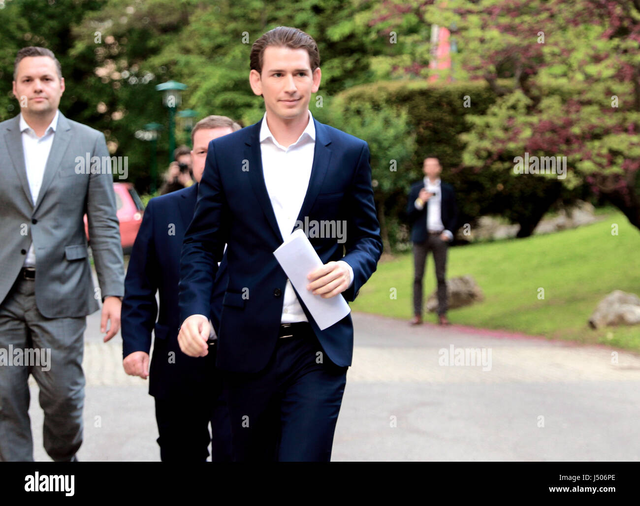 Vienna, Austria. 14th May, 2017. Austria's Foreign Minister Sebastian Kurz leaves after a meeting of Austrian people's party (OVP) in Vienna, capital of Austria, on May 14, 2017. Austria's Foreign Minister Sebastian Kurz was elected on Sunday as the chief of Austrian people's party (OVP). Credit: Pan Xu/Xinhua/Alamy Live News Stock Photo