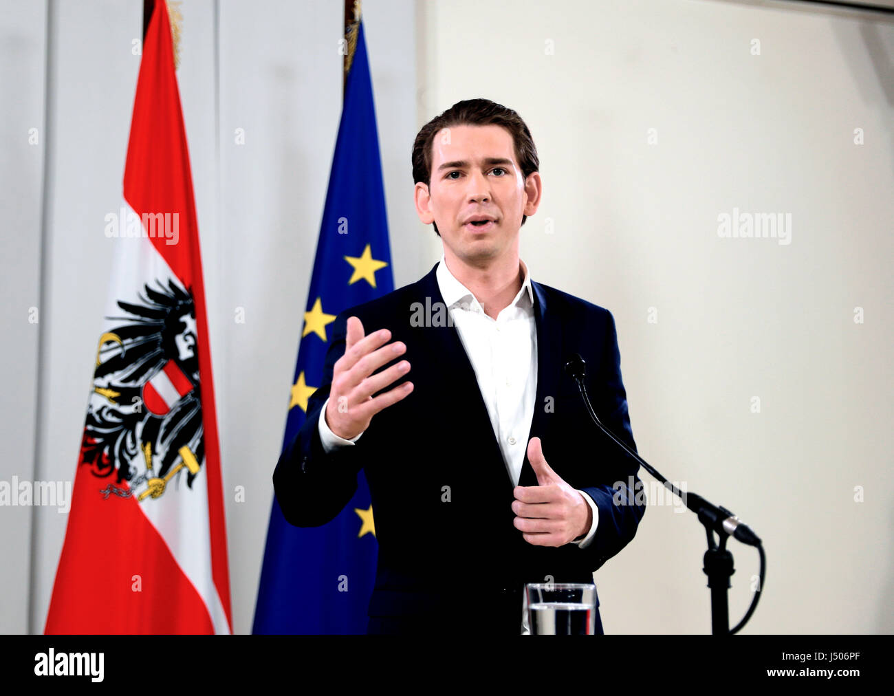 Vienna, Austria. 14th May, 2017. Austria's Foreign Minister Sebastian Kurz addresses a news conference after a meeting of Austrian people's party (OVP) in Vienna, capital of Austria, on May 14, 2017. Austria's Foreign Minister Sebastian Kurz was elected on Sunday as the chief of Austrian people's party (OVP). Credit: Pan Xu/Xinhua/Alamy Live News Stock Photo