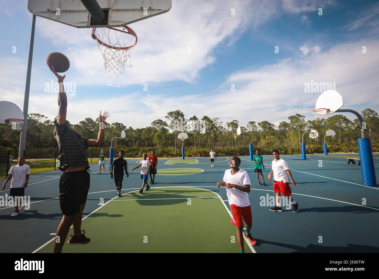 Florida, USA. 14th May, 2017. The Cabana Colony Cougars, a Police Athletic League team of middle-schoolers, practice for a basketball game at the Joseph R. Russo Athletic Complex in Palm Beach Gardens Friday, May 12, 2017. Credit: Bruce R. Bennett/The Palm Beach Post/ZUMA Wire/Alamy Live News Stock Photo