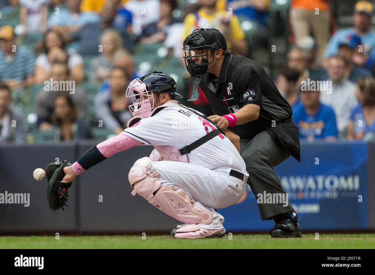 Miller Park. 13th May, 2017. Milwaukee Brewers catcher Jett Bandy #47 and home plate umpire Mark Ripperger #90 during the Major League Baseball game between the Milwaukee Brewers and the New York Mets at Miller Park. Credit: csm/Alamy Live News Stock Photo