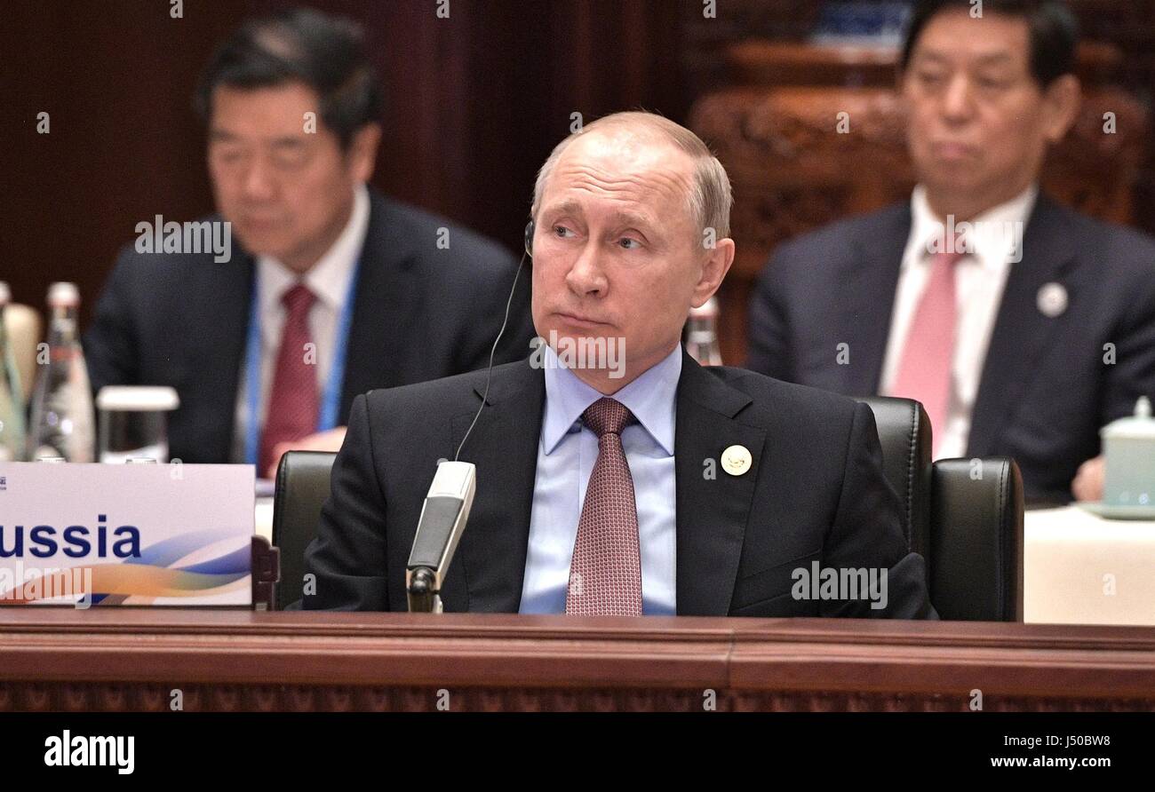 Beijing, China. 15th May, 2017. Russian President Vladimir Putin during a session of the Belt and Road Forum for International Cooperation May 15, 2017 in Beijing, China. Thirty heads of state gathered in Beijing to reaffirm their commitment to build an open economy and ensure free and inclusive trade. Credit: Planetpix/Alamy Live News Stock Photo