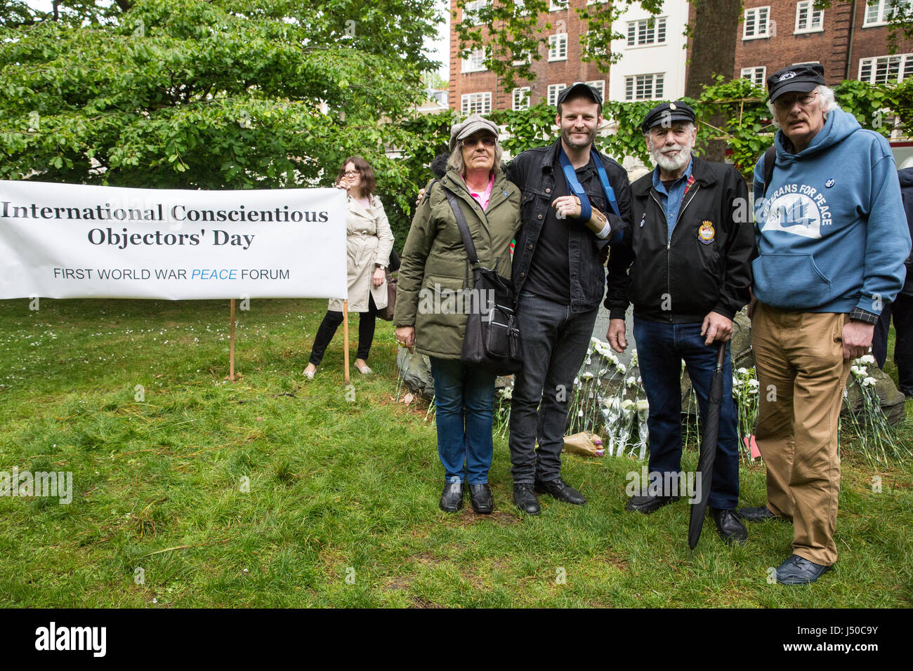 London, UK. 15th May, 2017. Members of Veterans of Peace including Ben Griffin and Jim Radford attend a ceremony in honour of conscientious objectors past and present in front of the Conscientious Objectors' stone in Tavistock Square on Conscientious Objectors' Day. Credit: Mark Kerrison/Alamy Live News Stock Photo