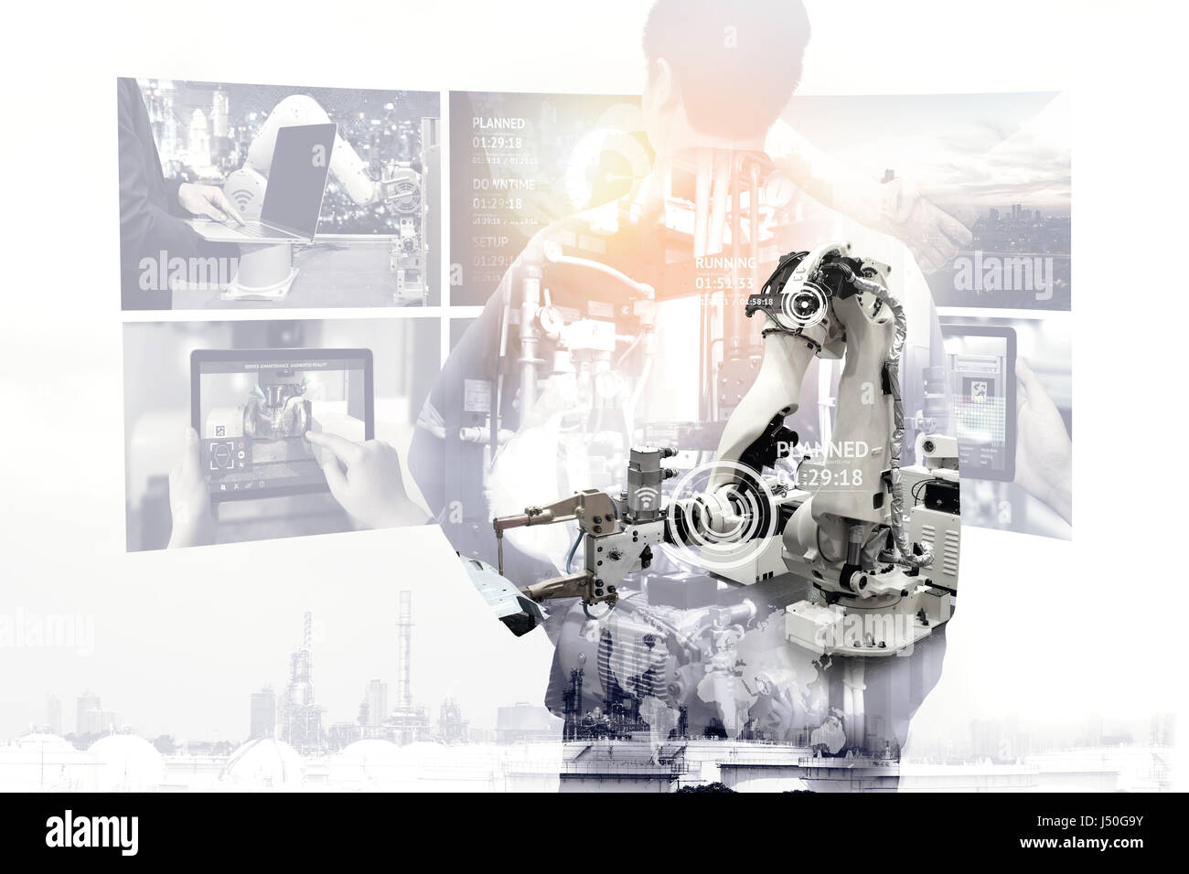 Industrial internet of things , disruption technology and industry 4.0 concept. Double exposure of automate wireless Robot arm and business man monito Stock Photo