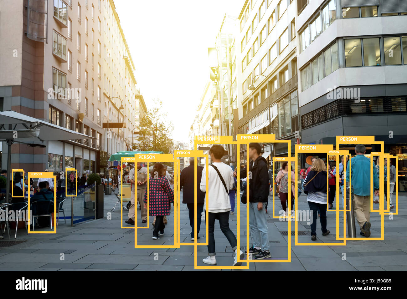 Machine Learning analytics identify person technology , Artificial intelligence concept. Software ui analytics and recognition people in city with fla Stock Photo